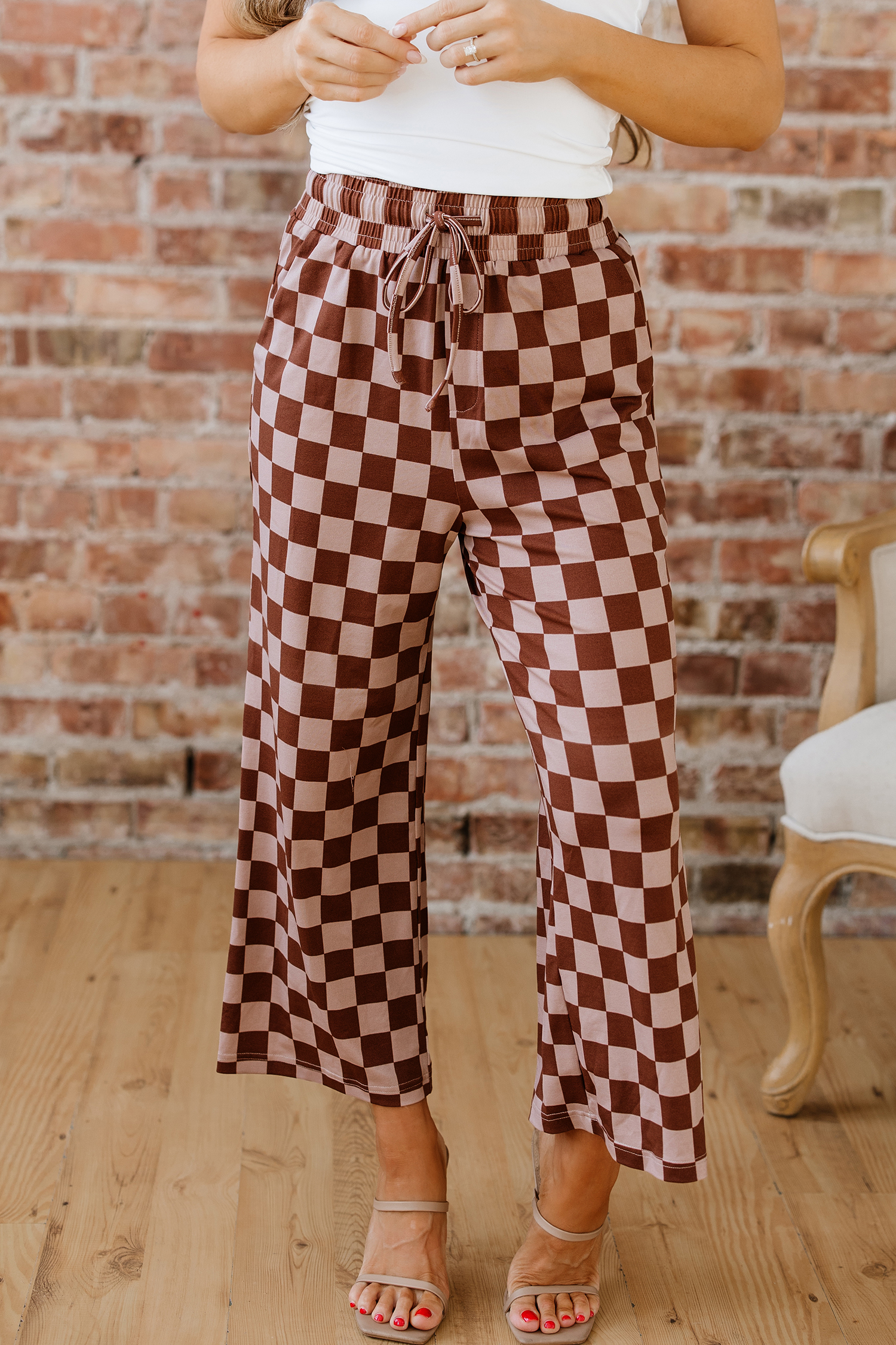 Khaki Checkered Elastic High Waist Loose Casual Pants - loveforevers
