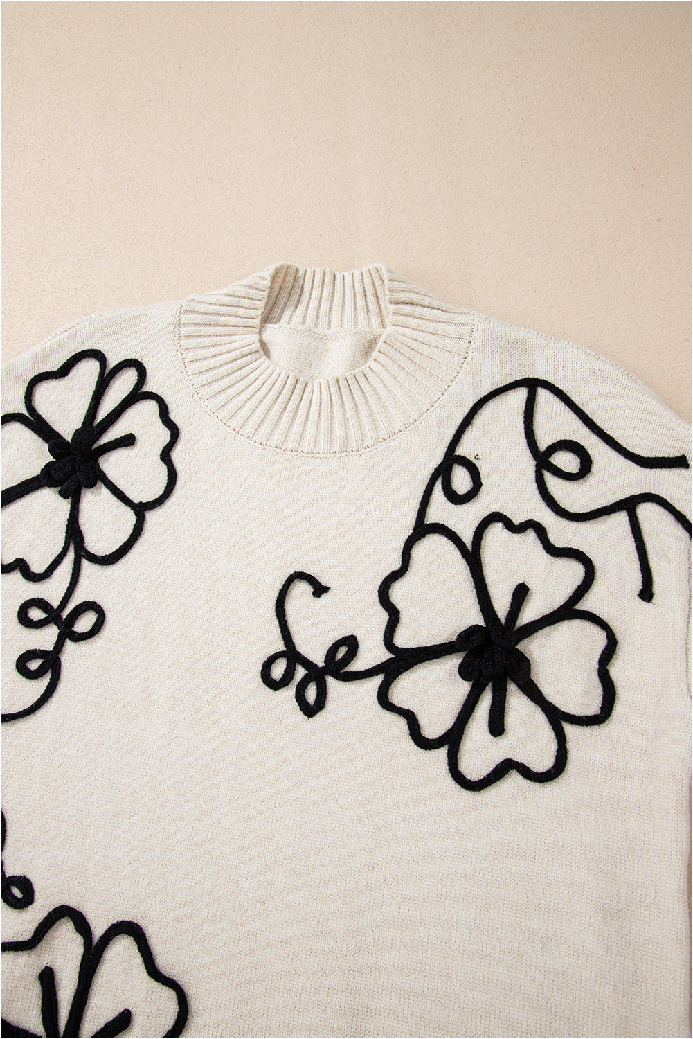 Beige Flower Stitching Mock Neck Sweater - loveforevers