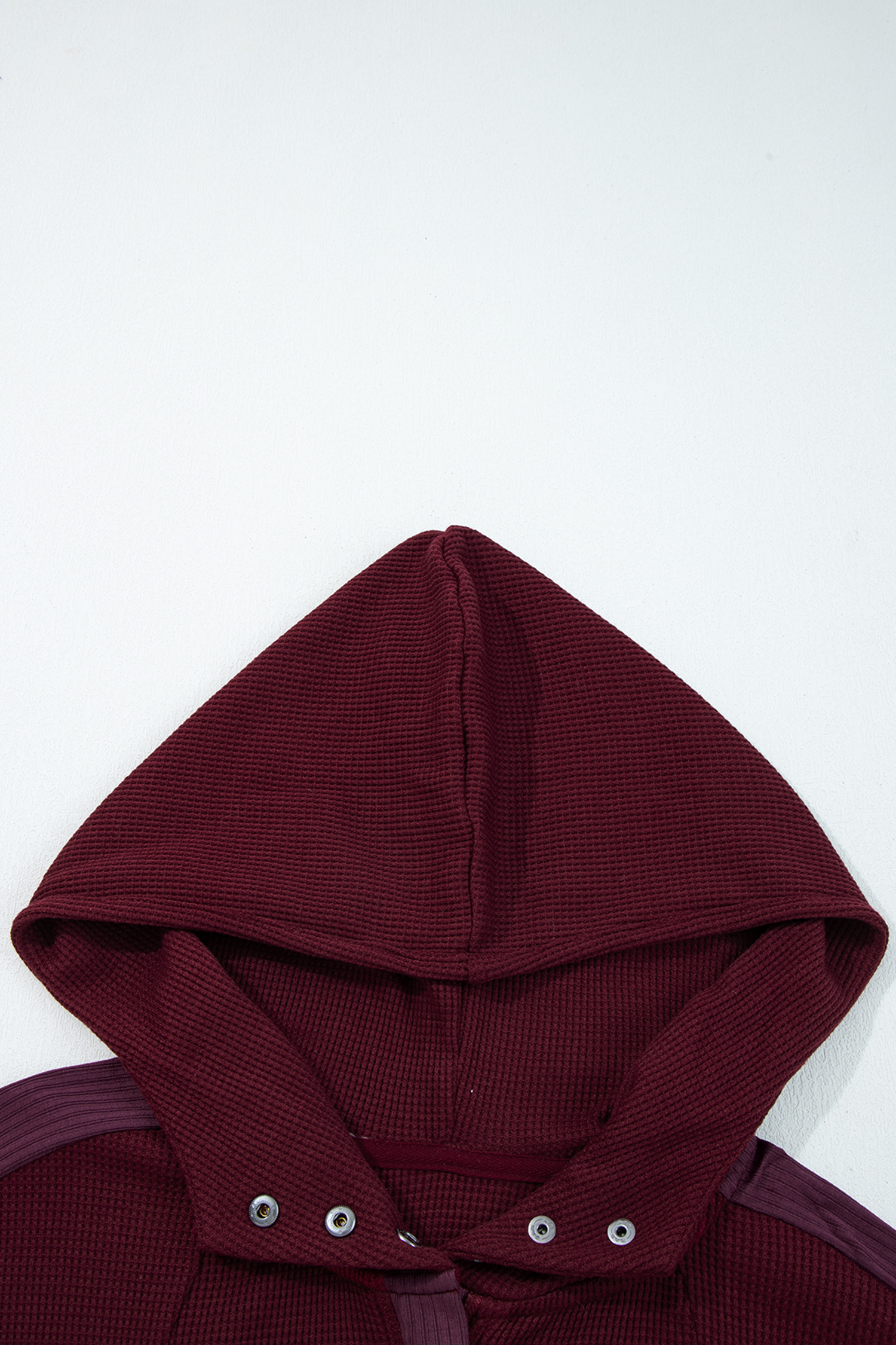 Burgundy Waffle Splicing Zip Up Front Button Hooded Jacket - loveforevers