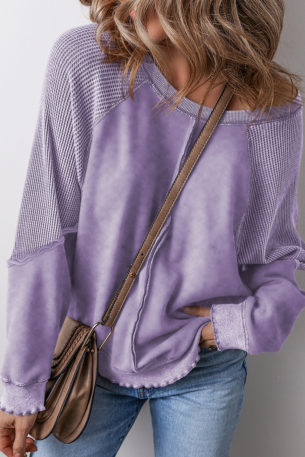 Orchid Petal Solid Waffle Knit Patchwork Raglan Sleeve Sweatshirt - loveforevers