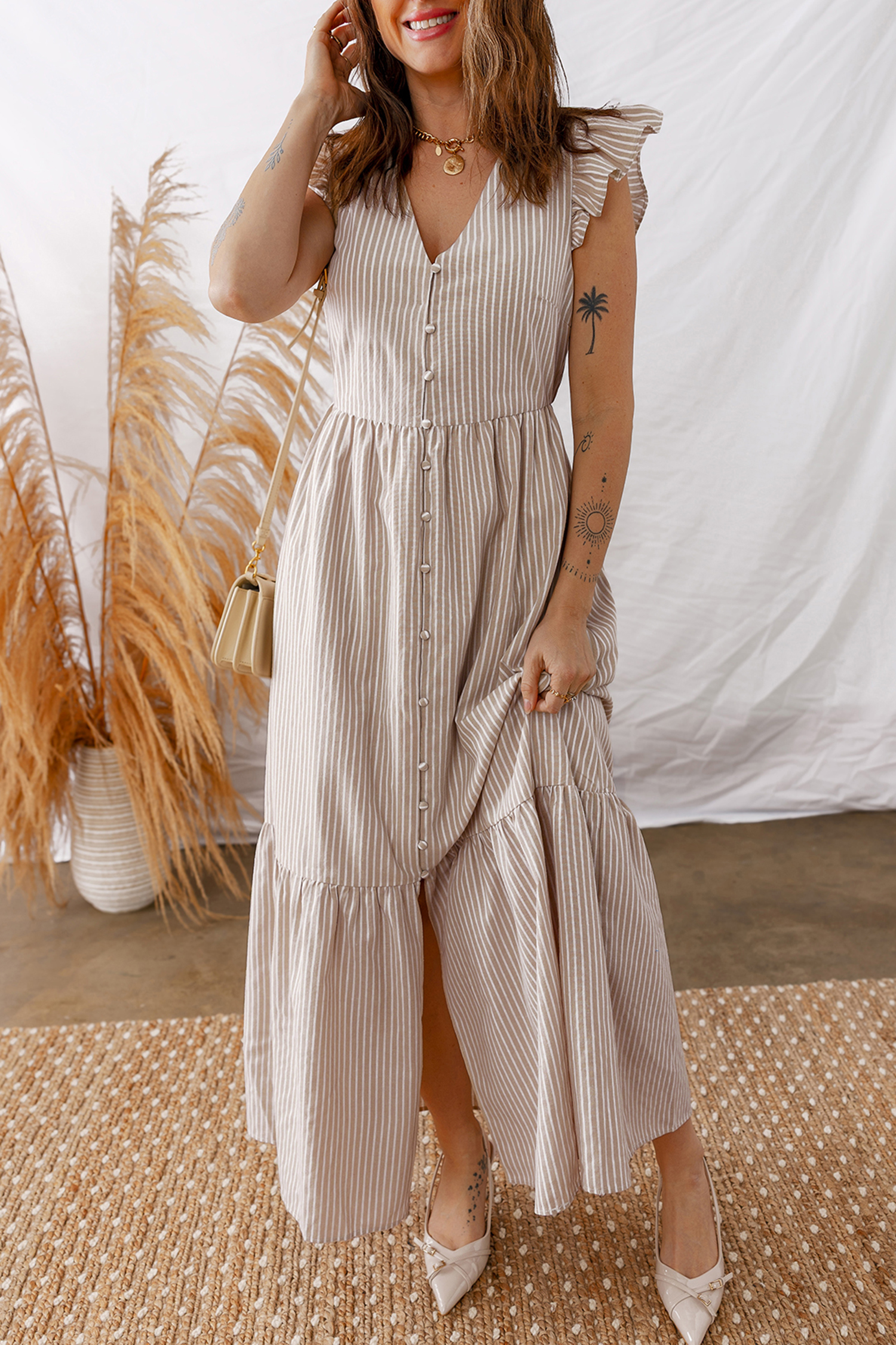 Khaki Stripe Flutter Sleeve Buttoned Front Slit Maxi Dress - loveforevers