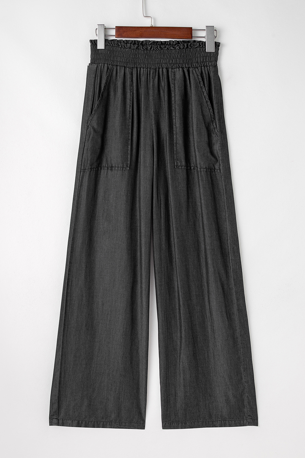 Black Side Pockets Frilled Smocked High Waist Wide Leg Jeans - loveforevers
