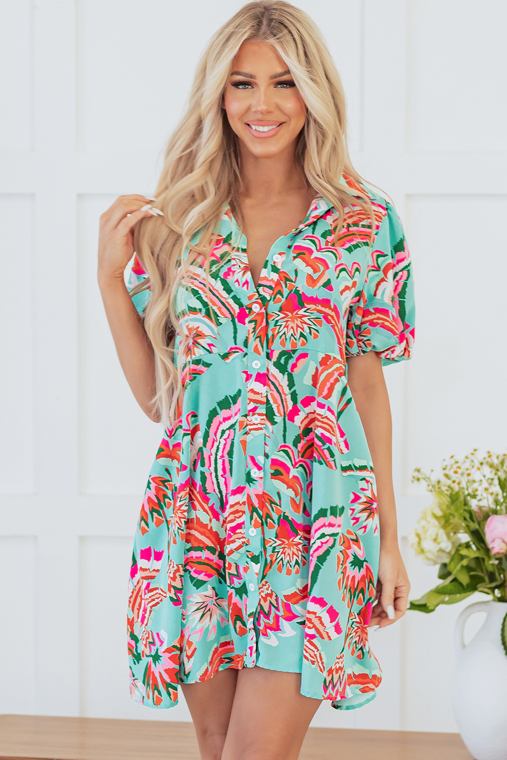 Green Abstract Print Lace-up High Waist Buttoned Mini Dress - loveforevers