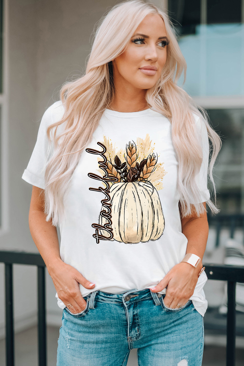 White Harvest Pumpkin Graphic Thanksgiving Tee - loveforevers