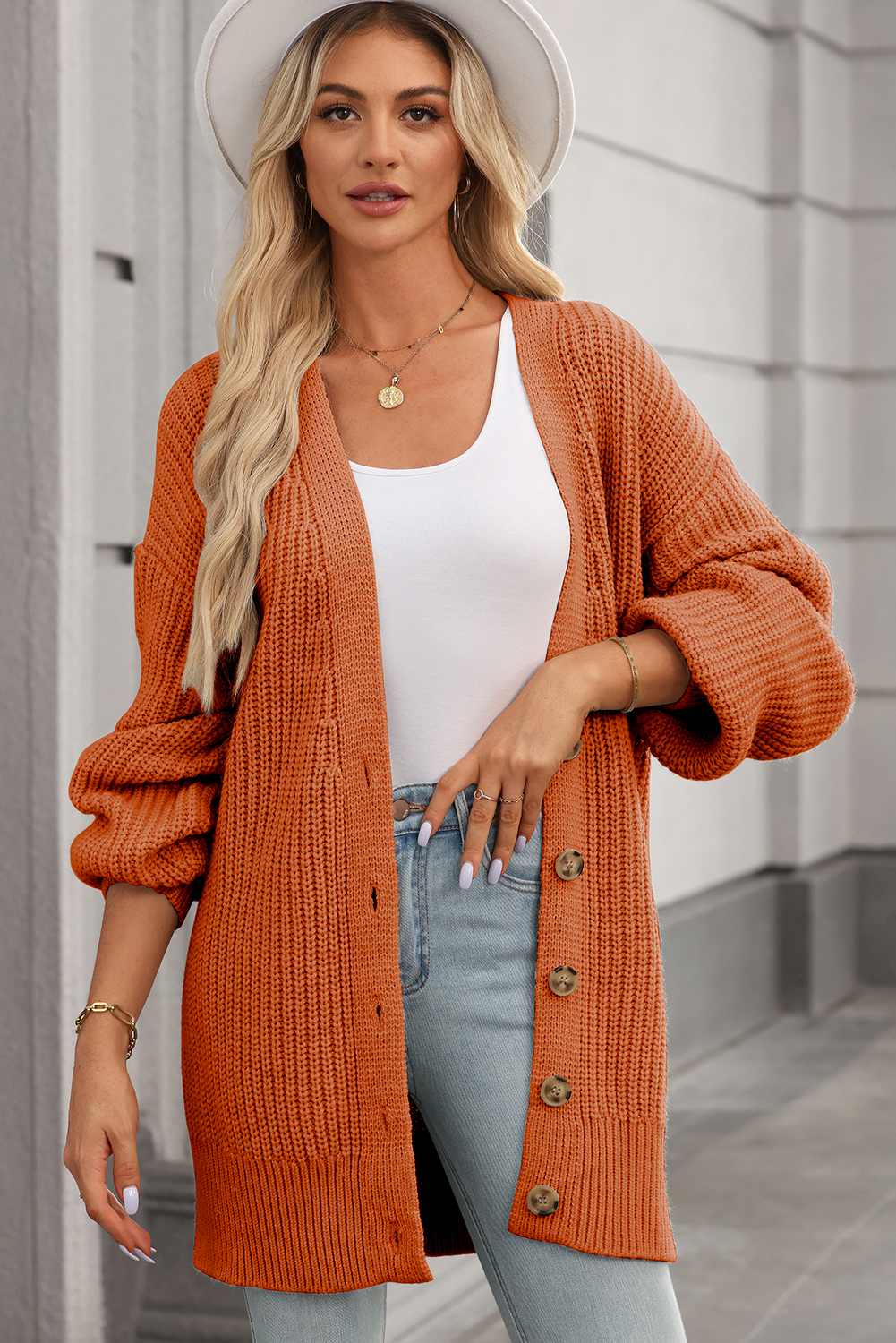 Gold Flame Button Front V Neck Chunky Cardigan Sweater - loveforevers