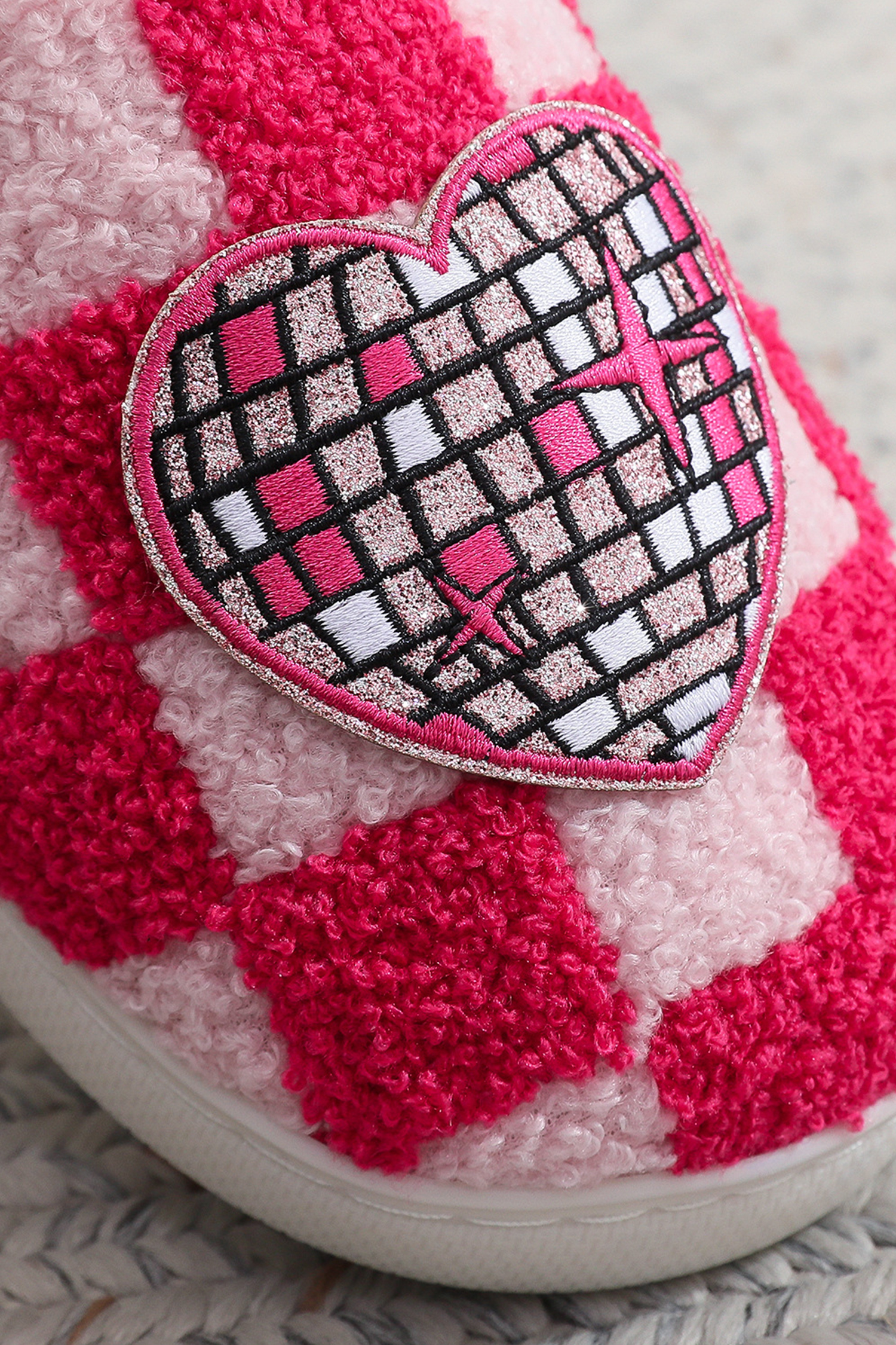 Fiery Red Disco Checkered Heart Plush Winter House Slippers - loveforevers