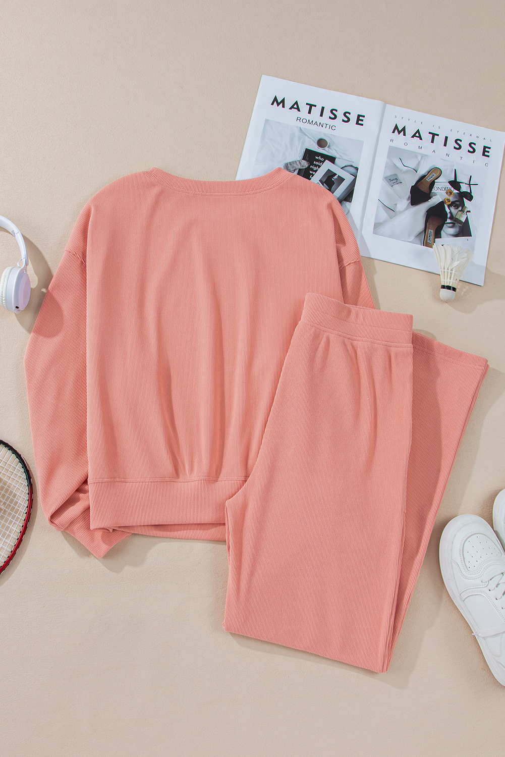 Blossom Ribbed Knit Drop Shoulder Pocketed Two Piece Lounge Set - loveforevers