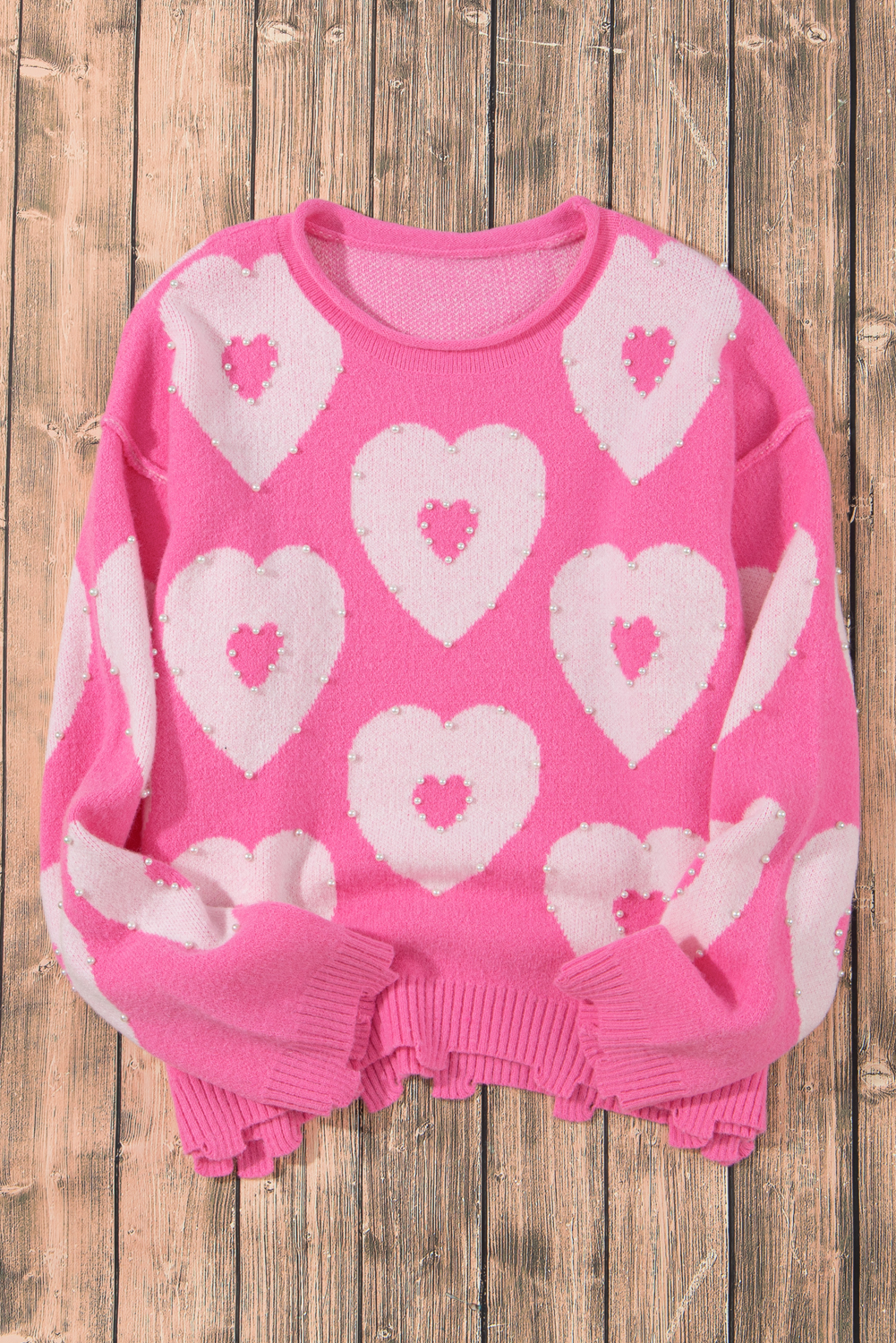 Bonbon Pearl Beaded Heart Drop Shoulder Sweater - loveforevers