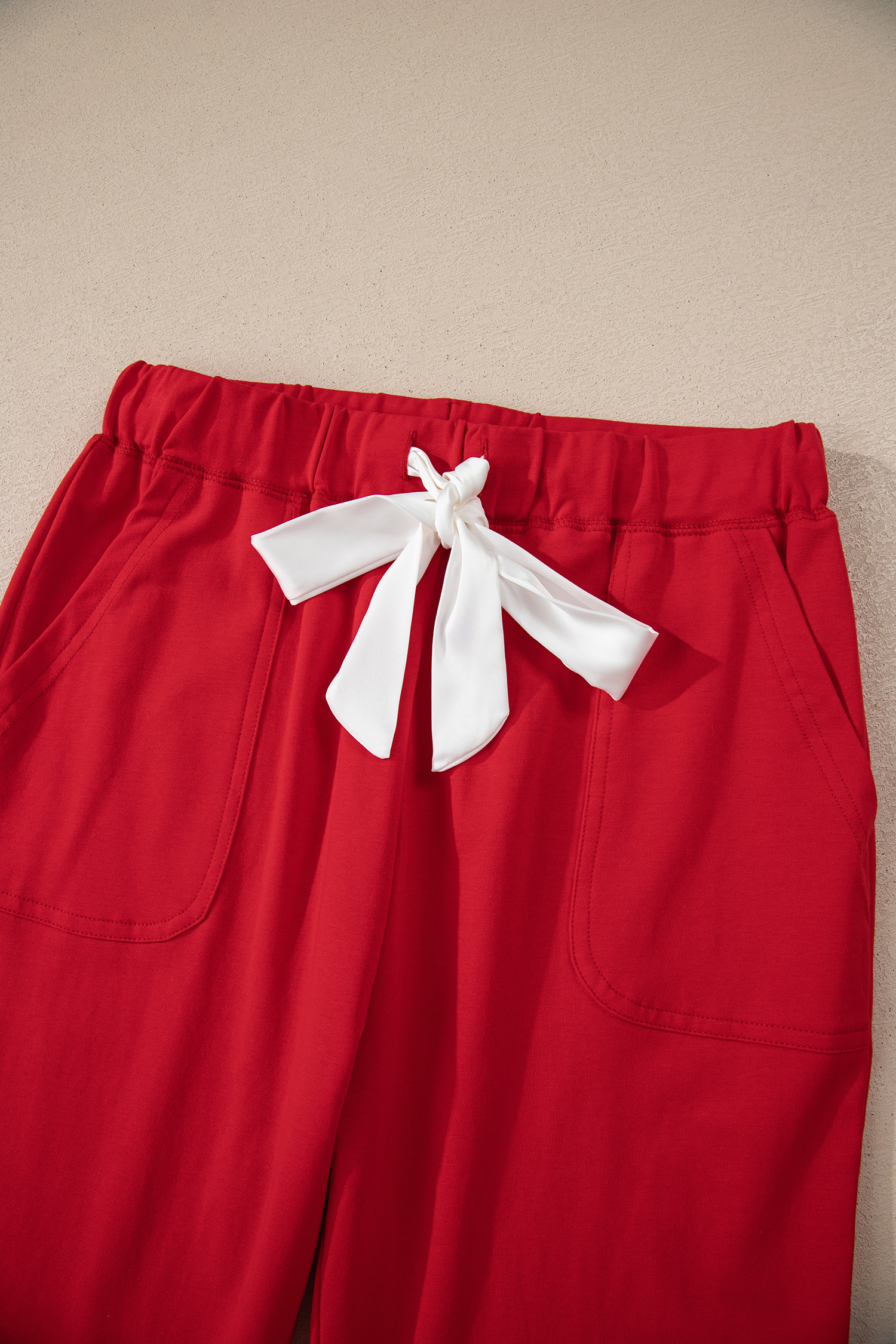 Fiery Red Contrast Trim Button V Neck Ribbon Bow Knot Waist 2pcs Lounge Pant Set - loveforevers