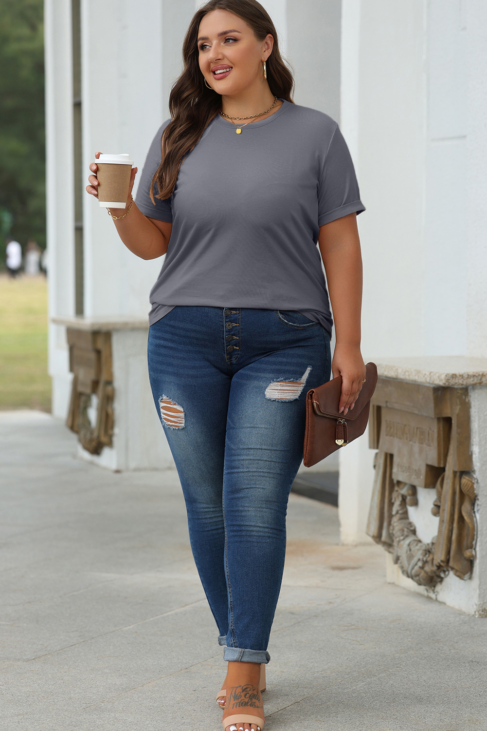 Khaki Casual Plain Crew Neck Tee - loveforevers