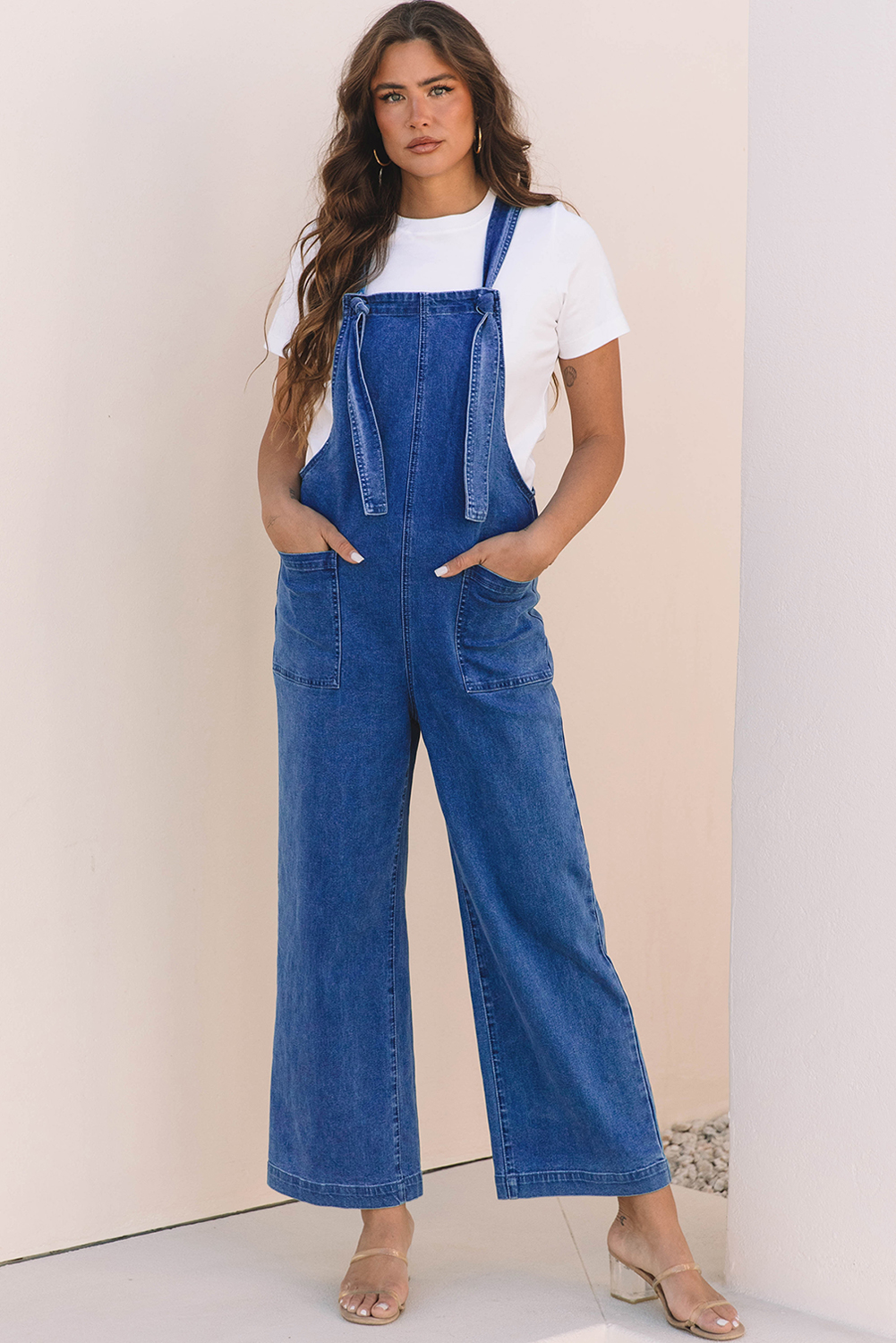 Prussian Blue Mineral Wash Knotted Strap Patched Pocket Wide Leg Denim Overall - loveforevers