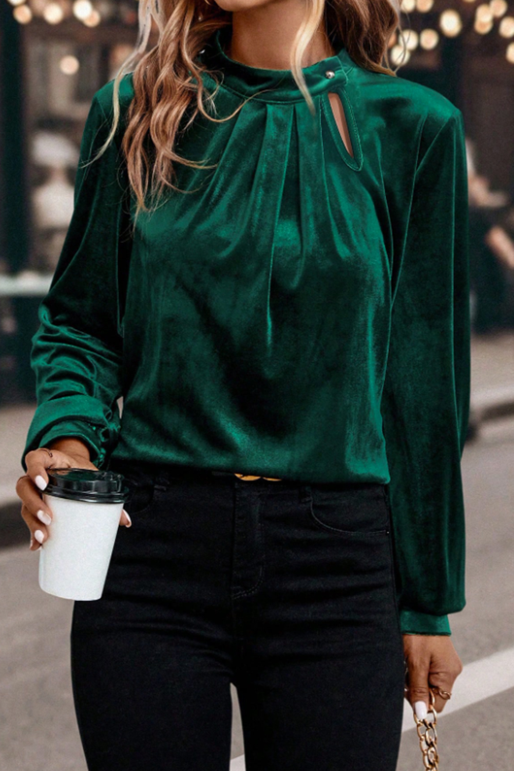 Red Dahlia Asymmetric Button Keyhole Neck Long Sleeve Velvet Blouse - loveforevers