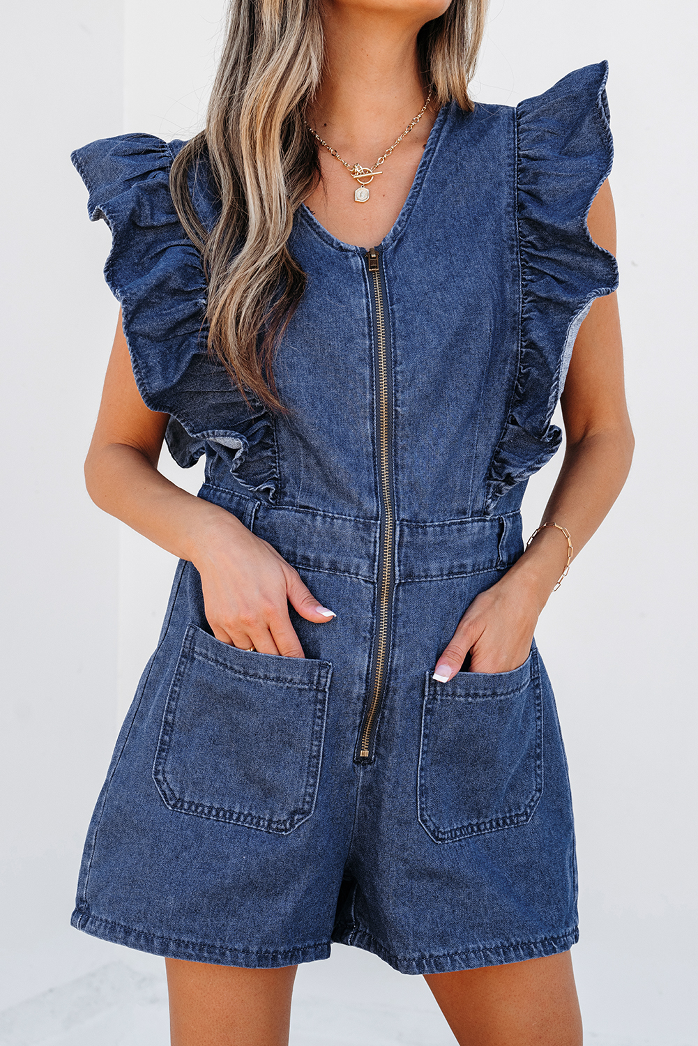 Sail Blue Denim Ruffled Zipped Front Belted Romper - loveforevers