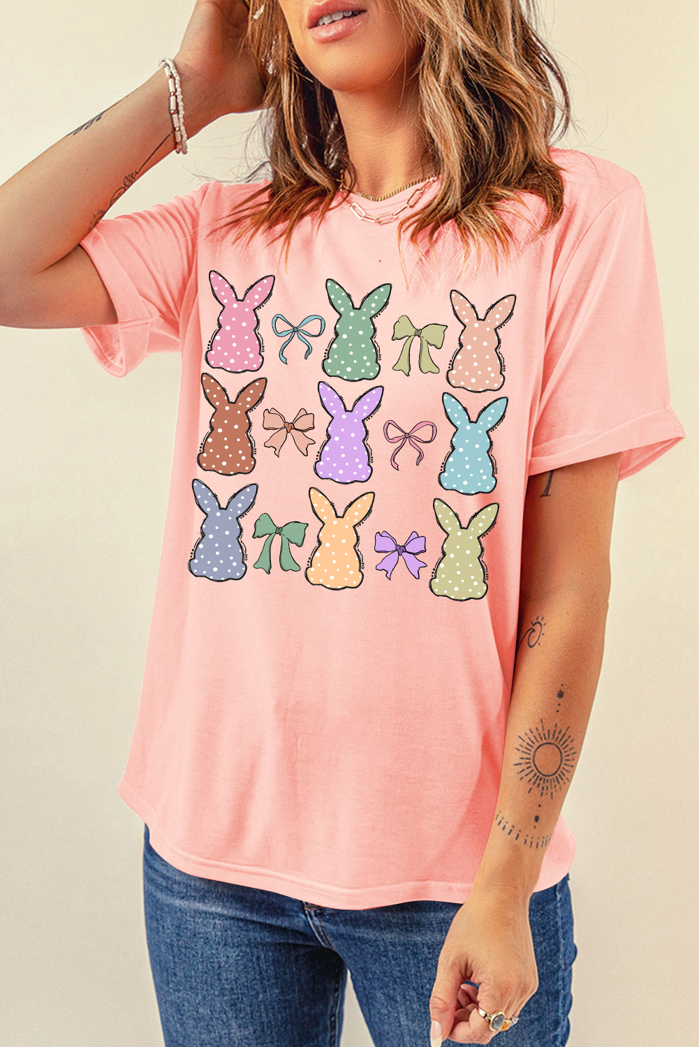 Pink Dotty Bunny Bow Printed Easter Day Fashion T Shirt - loveforevers