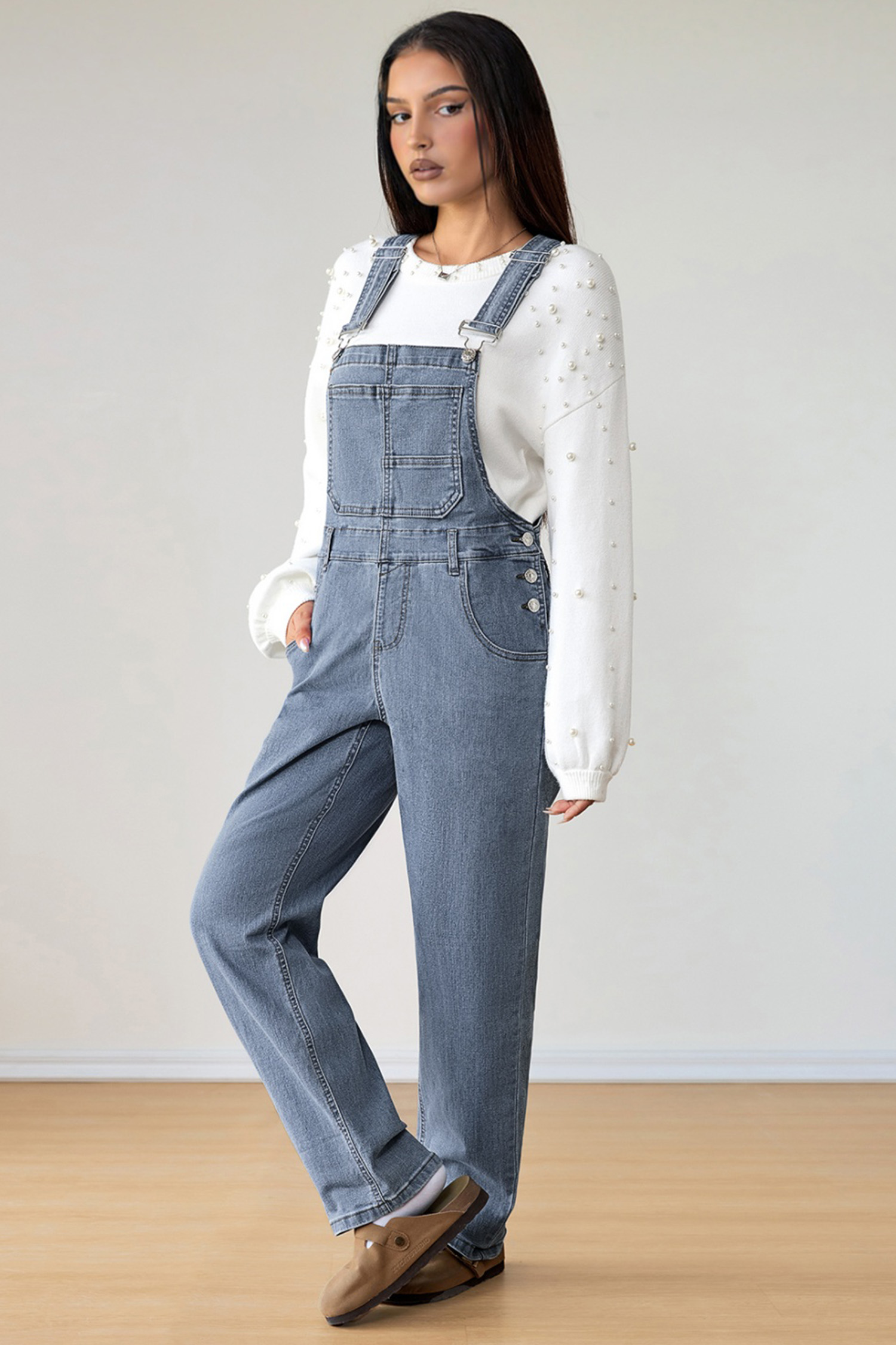 Light Blue Retro Bib Pocket Buckle Straps Casual Denim Jumpsuit - loveforevers