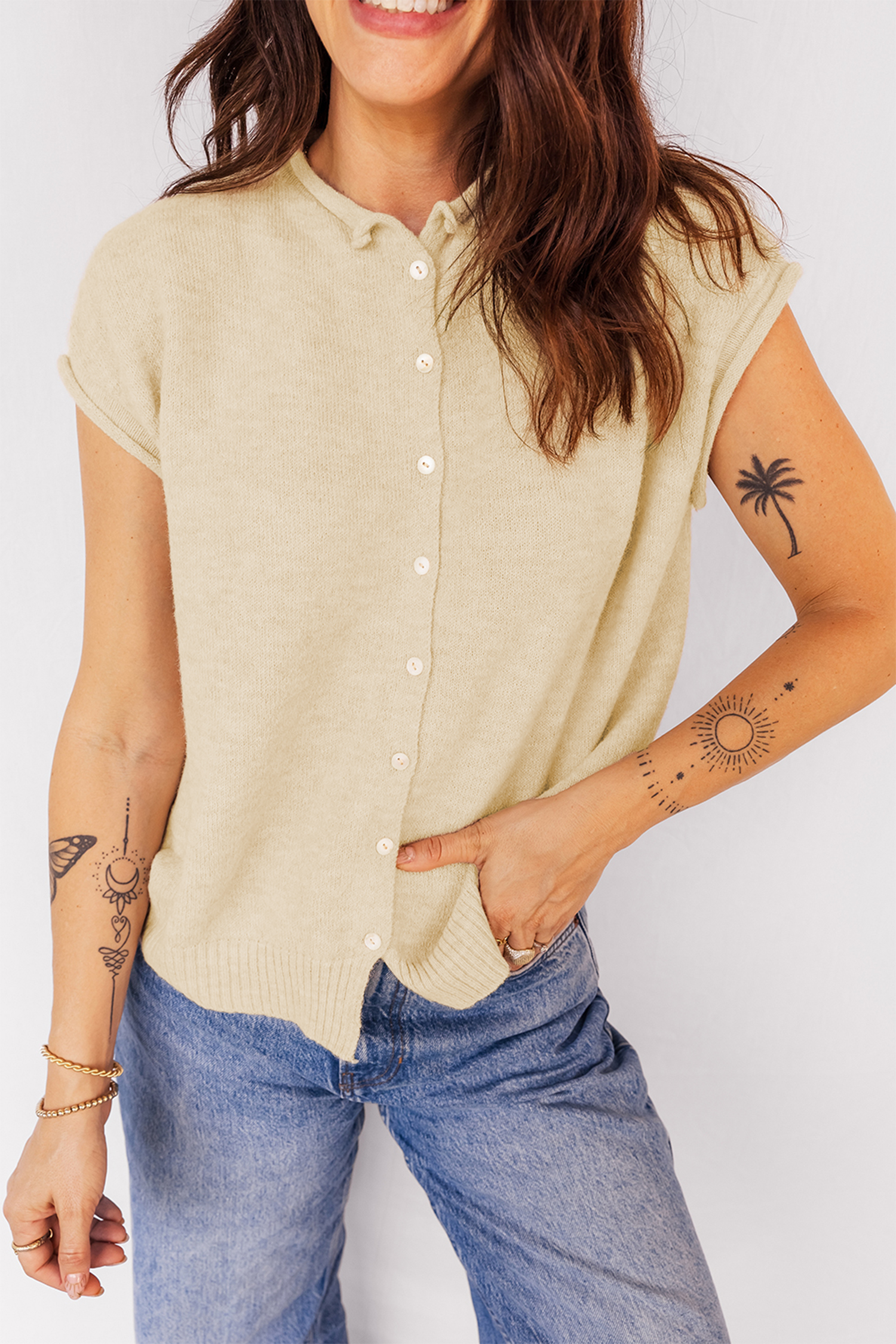 Apricot Buttoned Front Rolled Hem Cap Sleeve Sweater Top - loveforevers