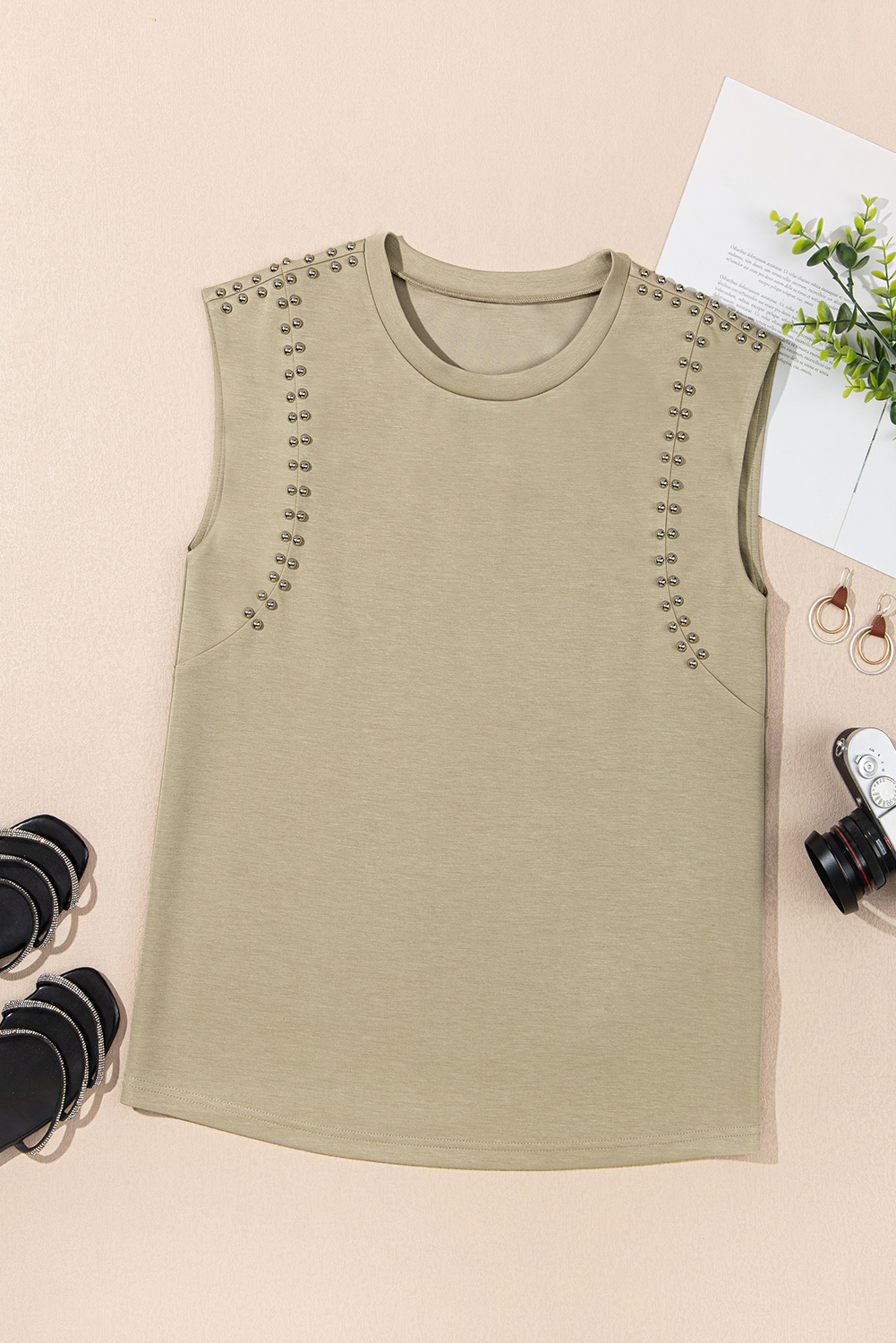 Sage Green Studded Cap Sleeve Round Neck T Shirt - loveforevers