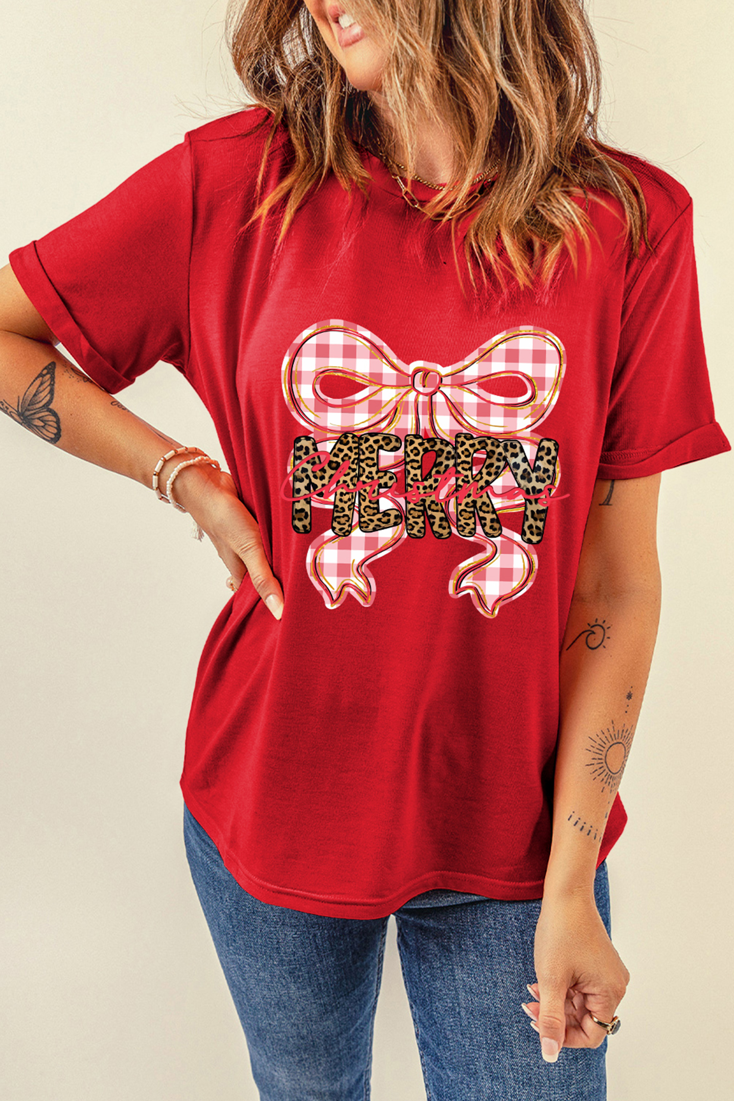 Red Leopard Merry Christmas Plaid Bow Graphic Holiday T Shirt - loveforevers