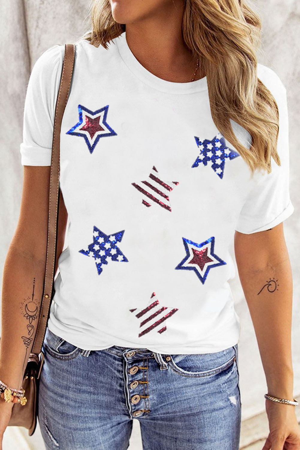 White USA Sequin Stars Patched Casual T Shirt - loveforevers