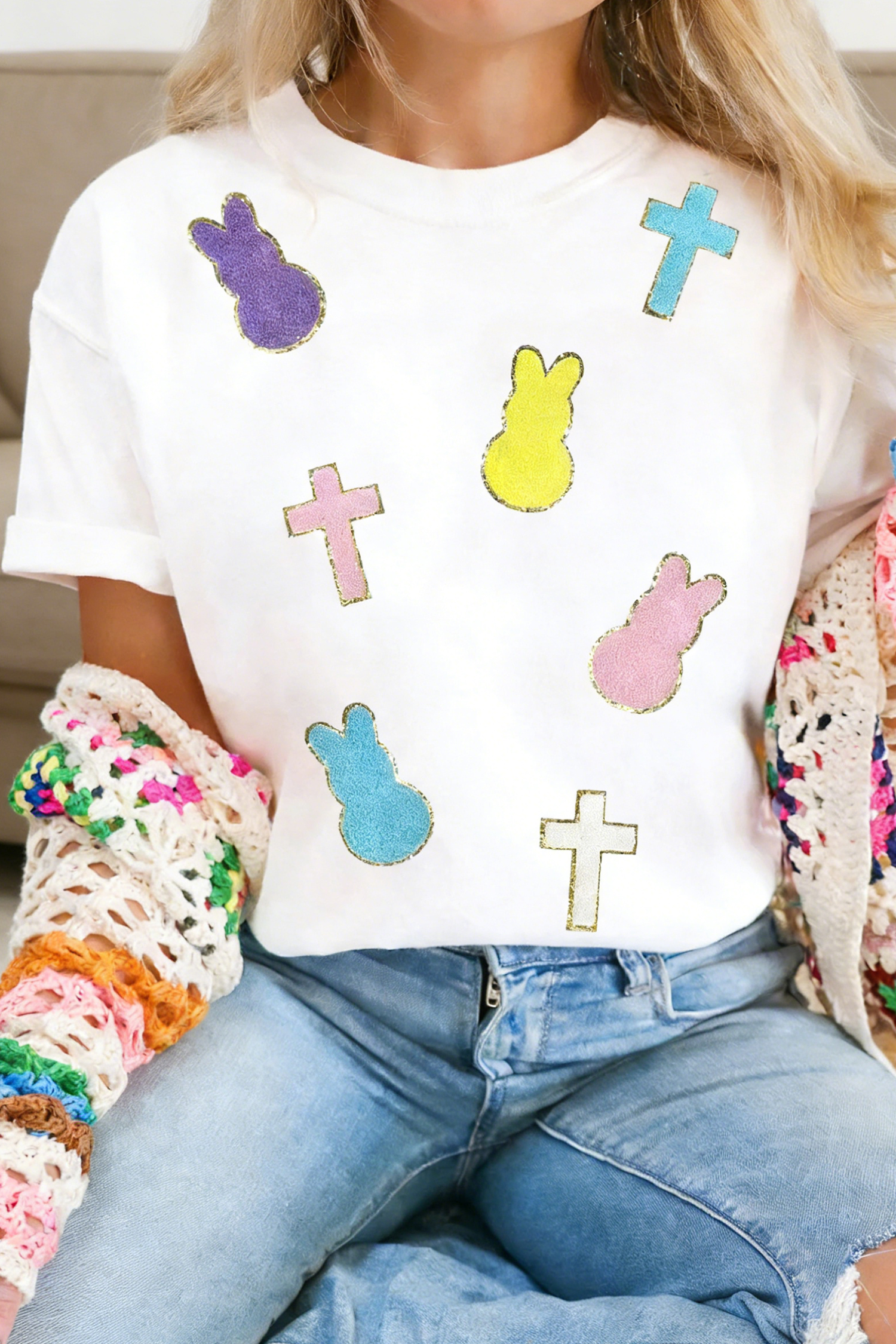 White Chenille Bunny Cross Patch Easter T Shirt - loveforevers