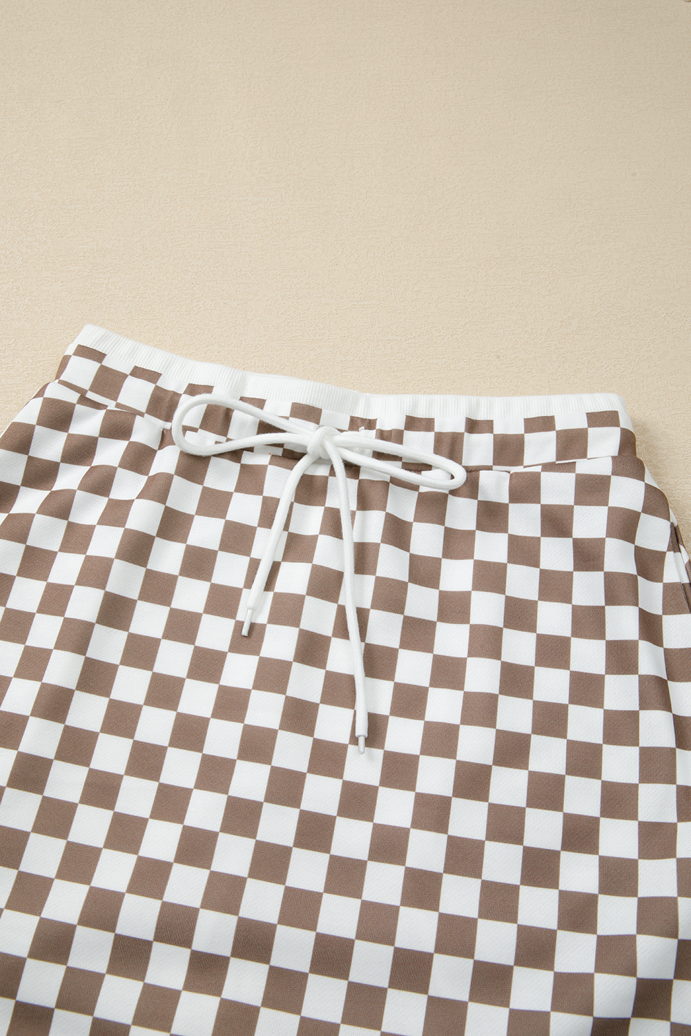 Khaki Checkered Print Polo Collar Cropped Long Sleeve Top Drawstring Mini Skirt Set - loveforevers