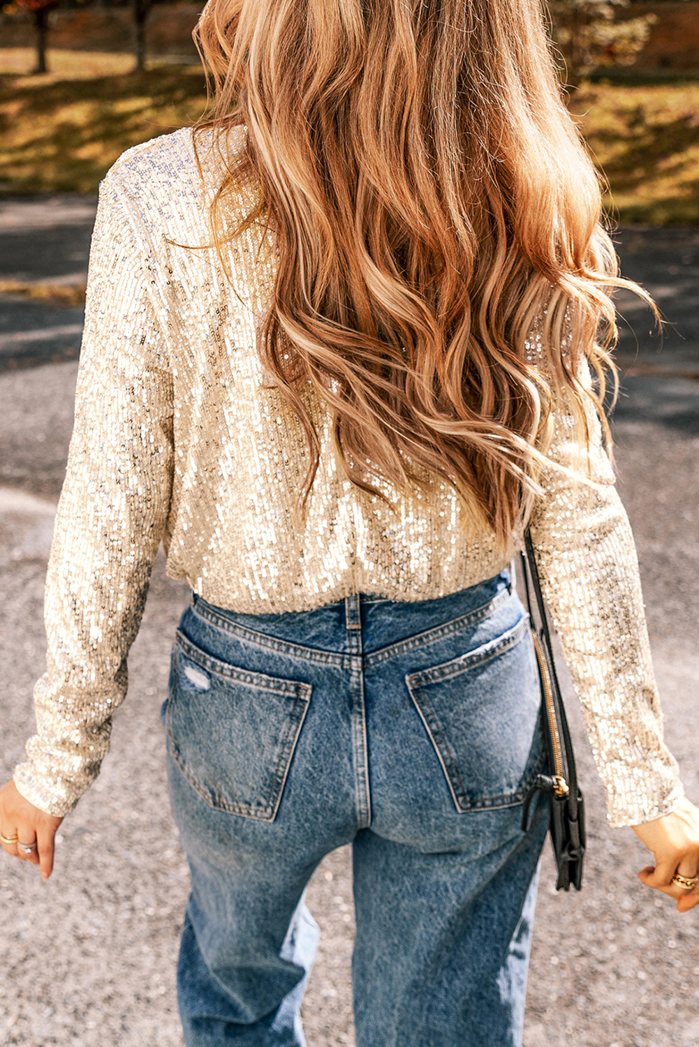 Beige Sequin Long Sleeve Wrap V Neck Bodysuit - loveforevers