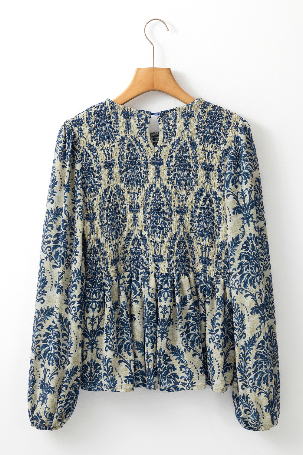 Sky Blue Boho Printed Balloon Sleeve Smocked Peplum Blouse - loveforevers