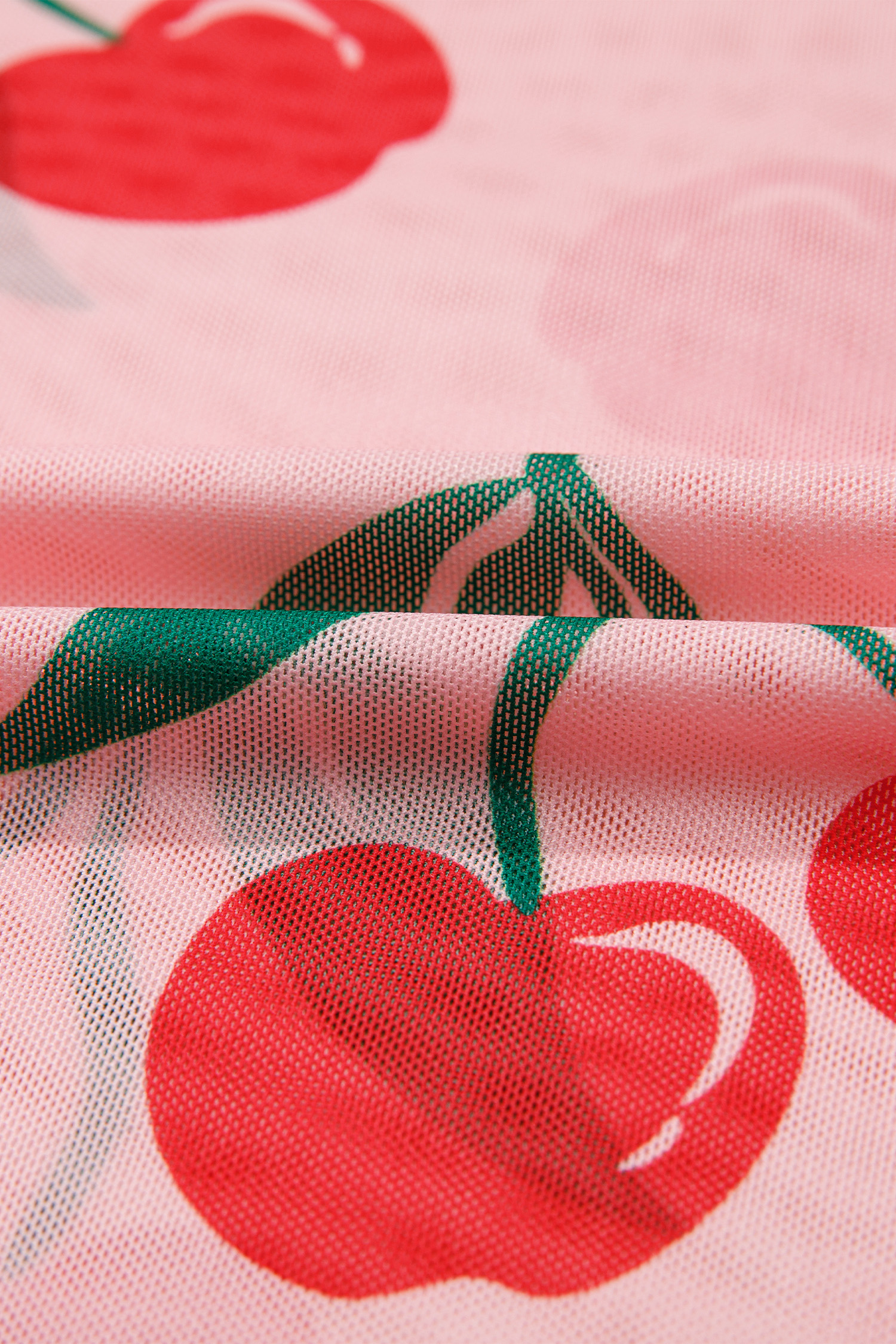 Pink Cherry Print Lettuce Trim Long Sleeve Mesh Top - loveforevers