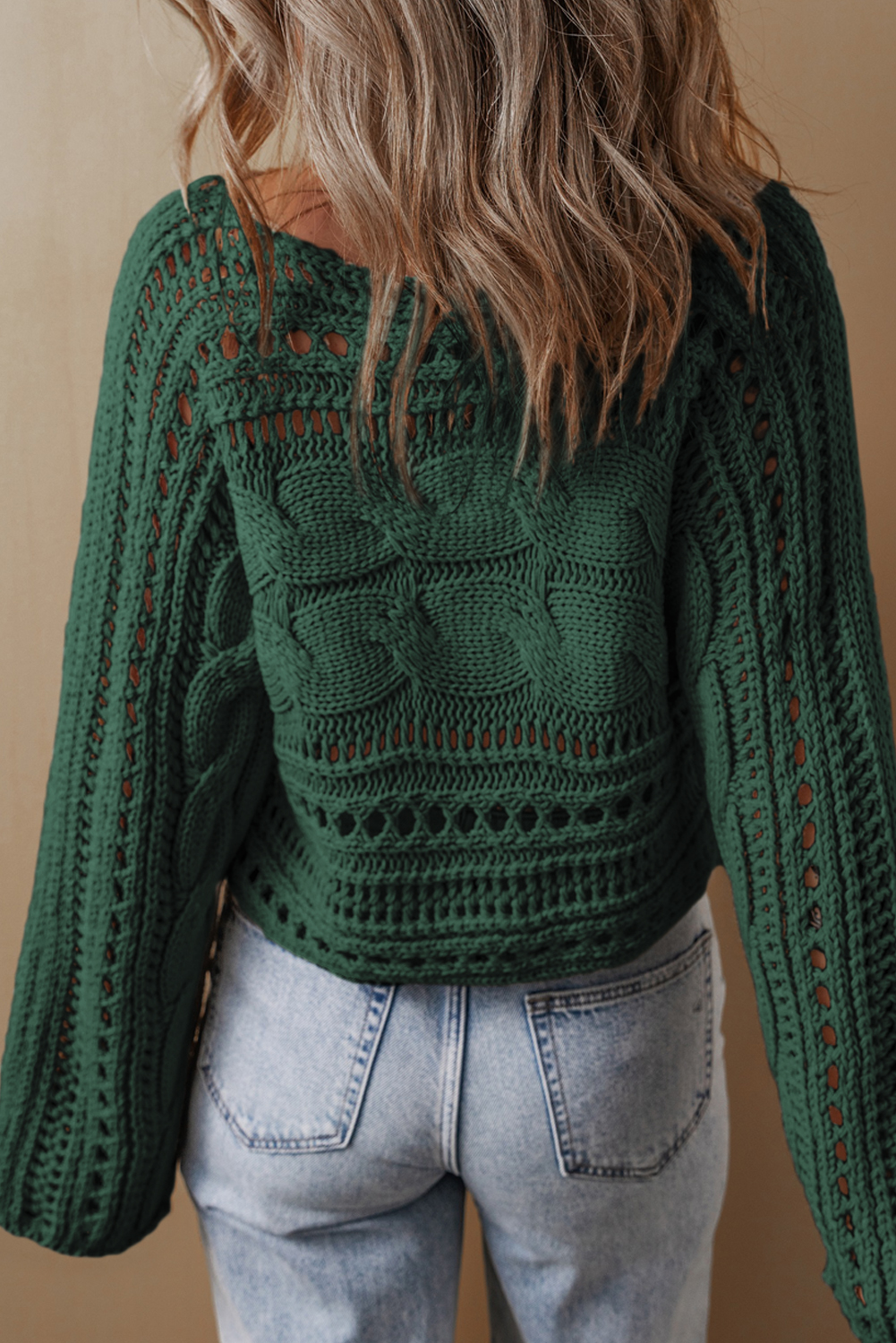 Blackish Green Hollow-out Cable Knit Cropped Sweater - loveforevers