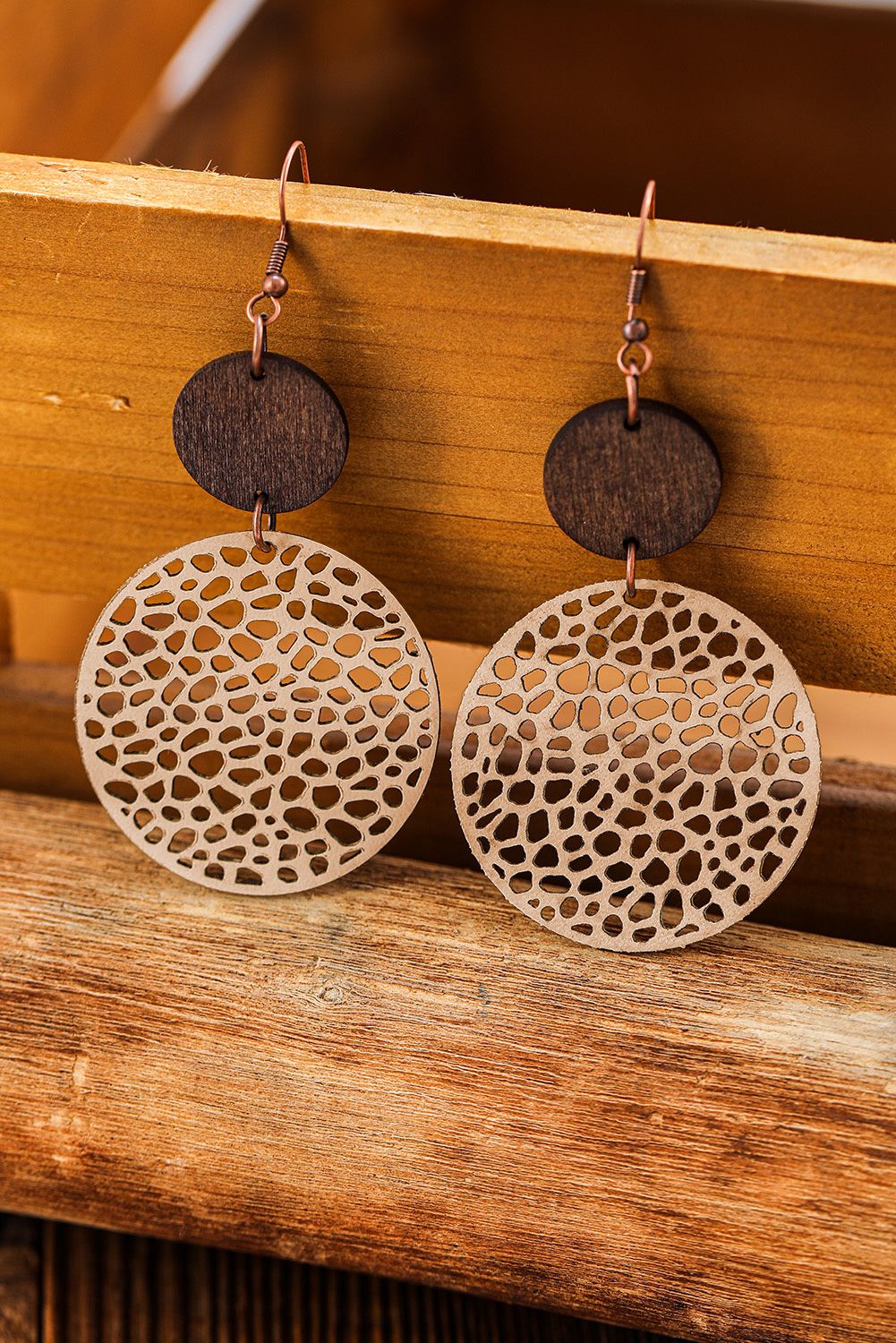 Khaki Hollow Out Wooden Round Drop Earrings - loveforevers