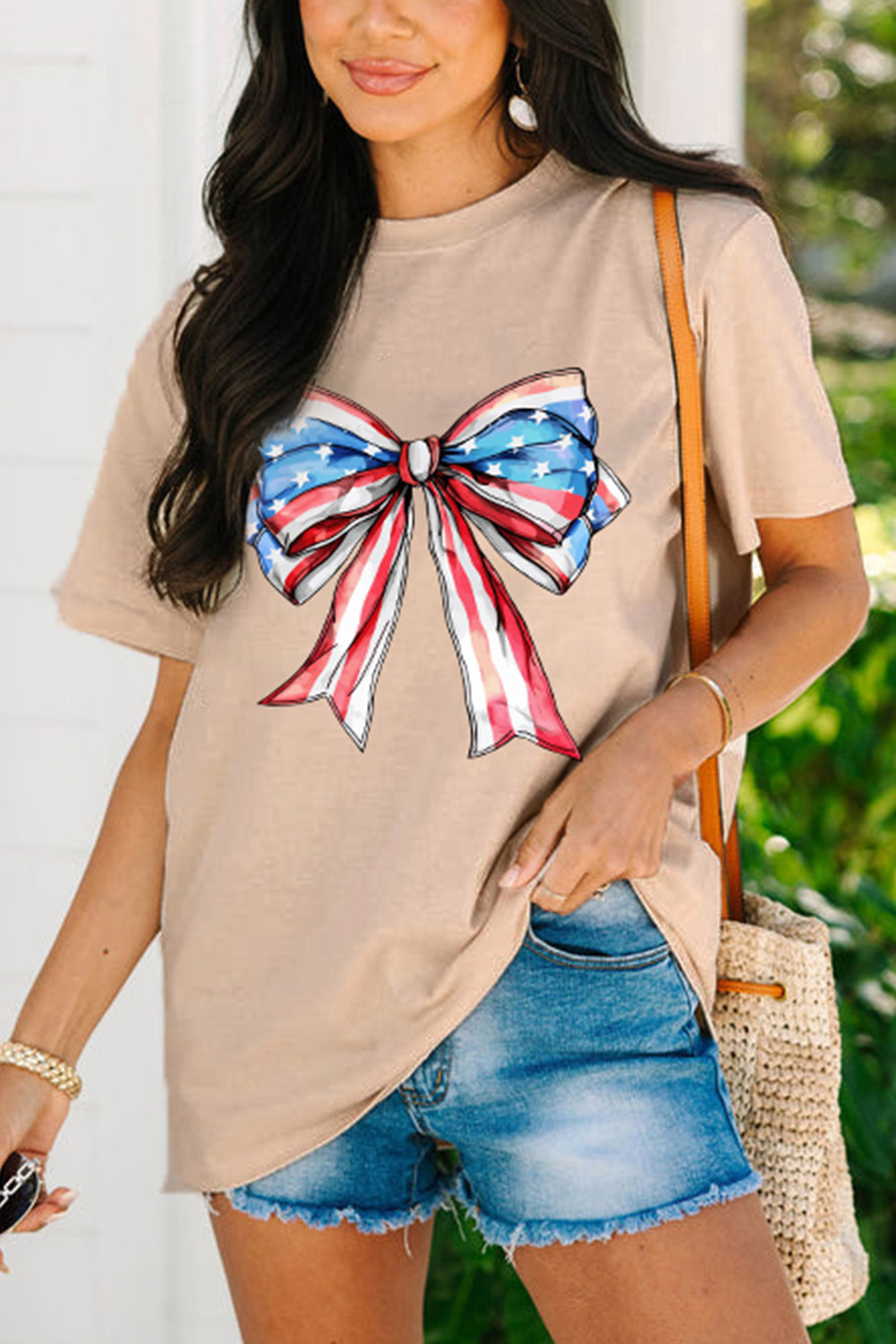 Khaki American Flag Bow Knot Print Round Neck T Shirt - loveforevers