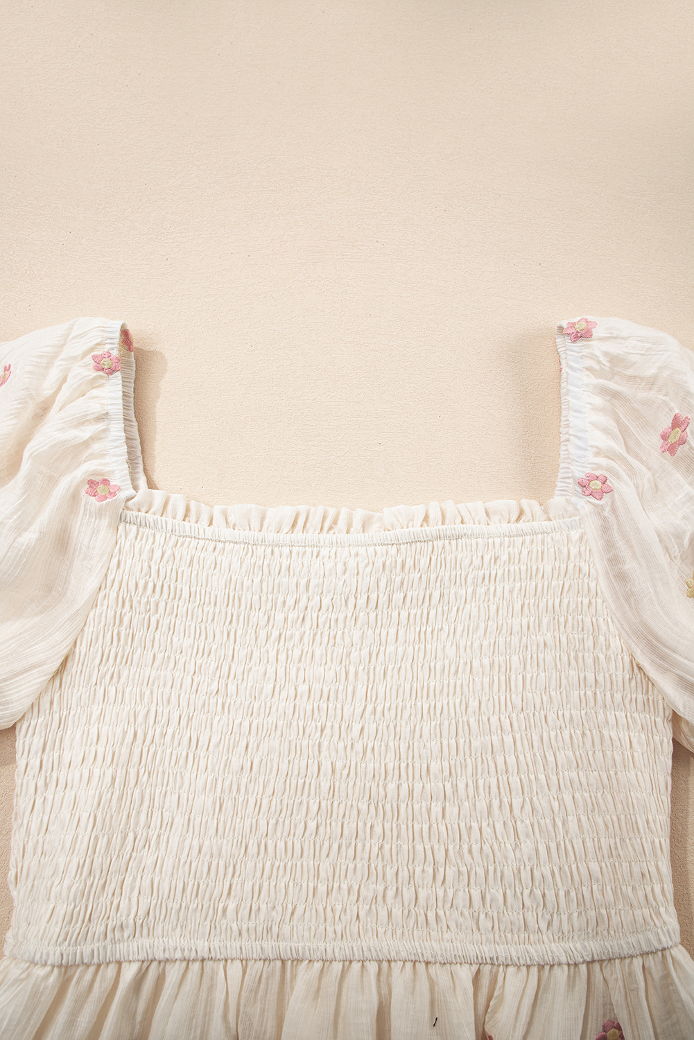 Beige Embroidered Flower Smocked Bust Half Puff Sleeve Empire Waist Textured Flowy Dress - loveforevers