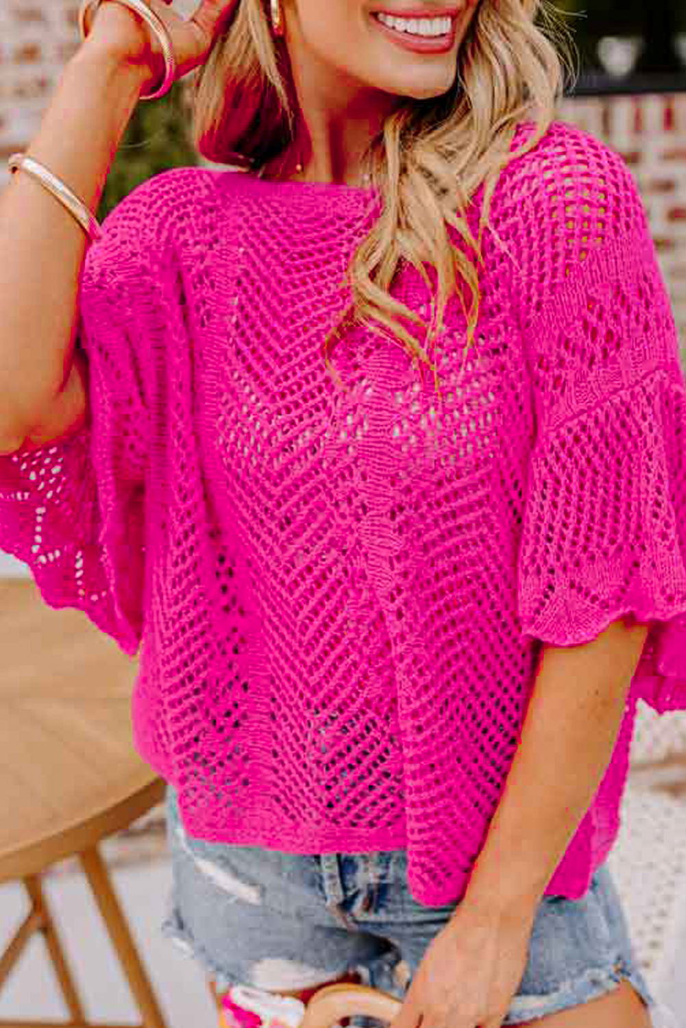 Rose Red Pointelle Knit Scallop Edge Short Sleeve Top - loveforevers