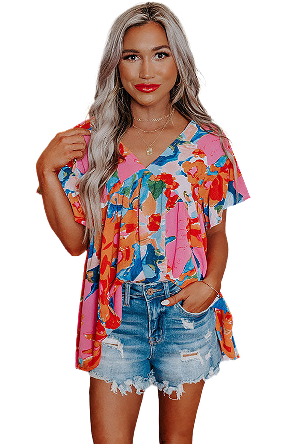 Pink Abstract Print V Neck Flutter Sleeve Blouse - loveforevers