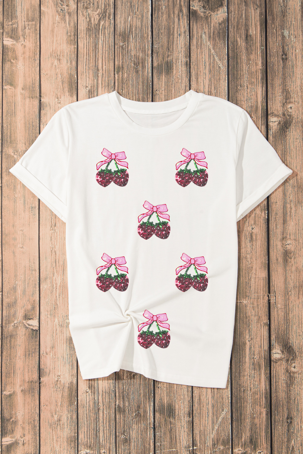 White Sequin Bow Strawberry Graphic Crew Neck T Shirt - loveforevers