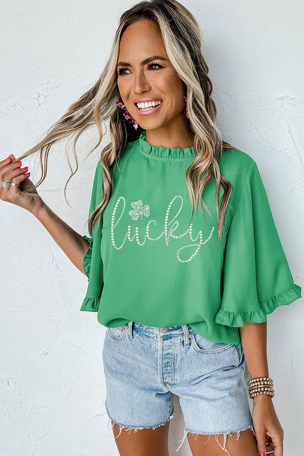Green Ceramic Rhinstone lucky Clover Graphic Frilled Bell Sleeve Blouse - loveforevers