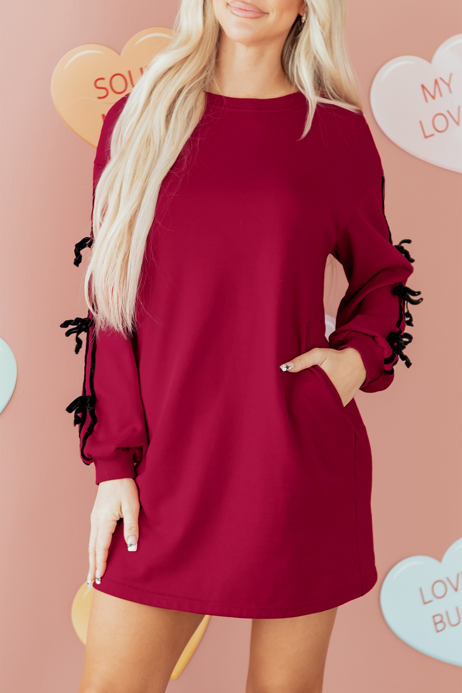 Racing Red Contrast Striped Bow Detail Drop Shoulder Sweatshirt Dress with Pockets - loveforevers