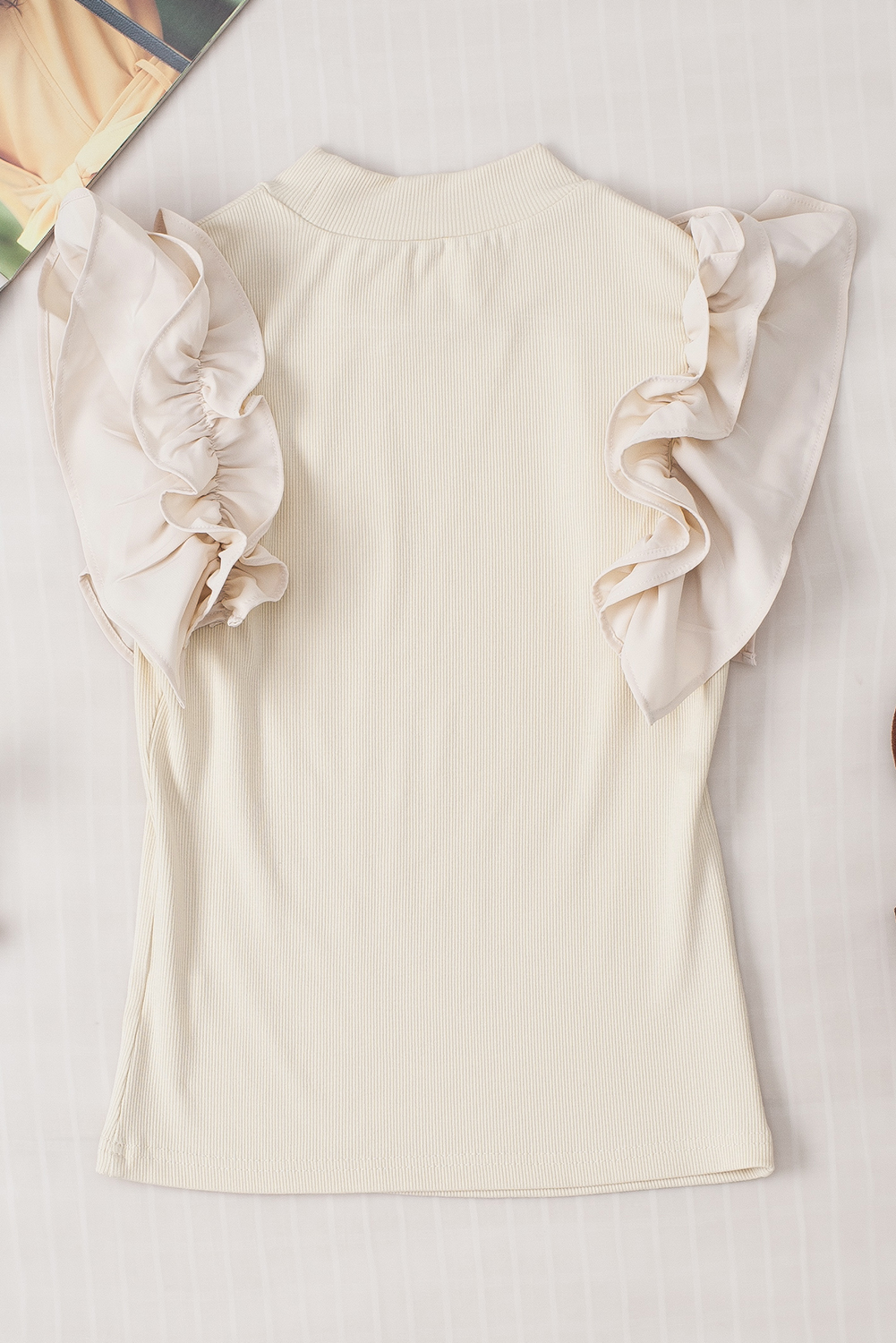 Beige Ruffle Flutter Sleeve High Neck Ribbed Blouse - loveforevers