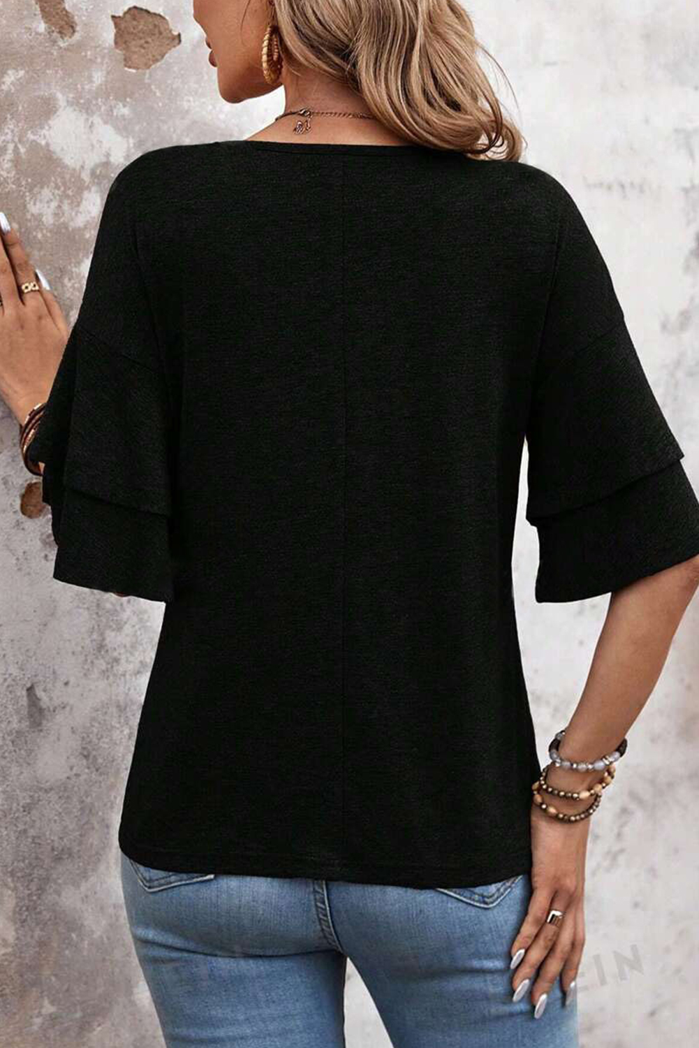 Sail Blue Solid Colour V-Neck Double Layer Sleeve Loose T-Shirt - loveforevers
