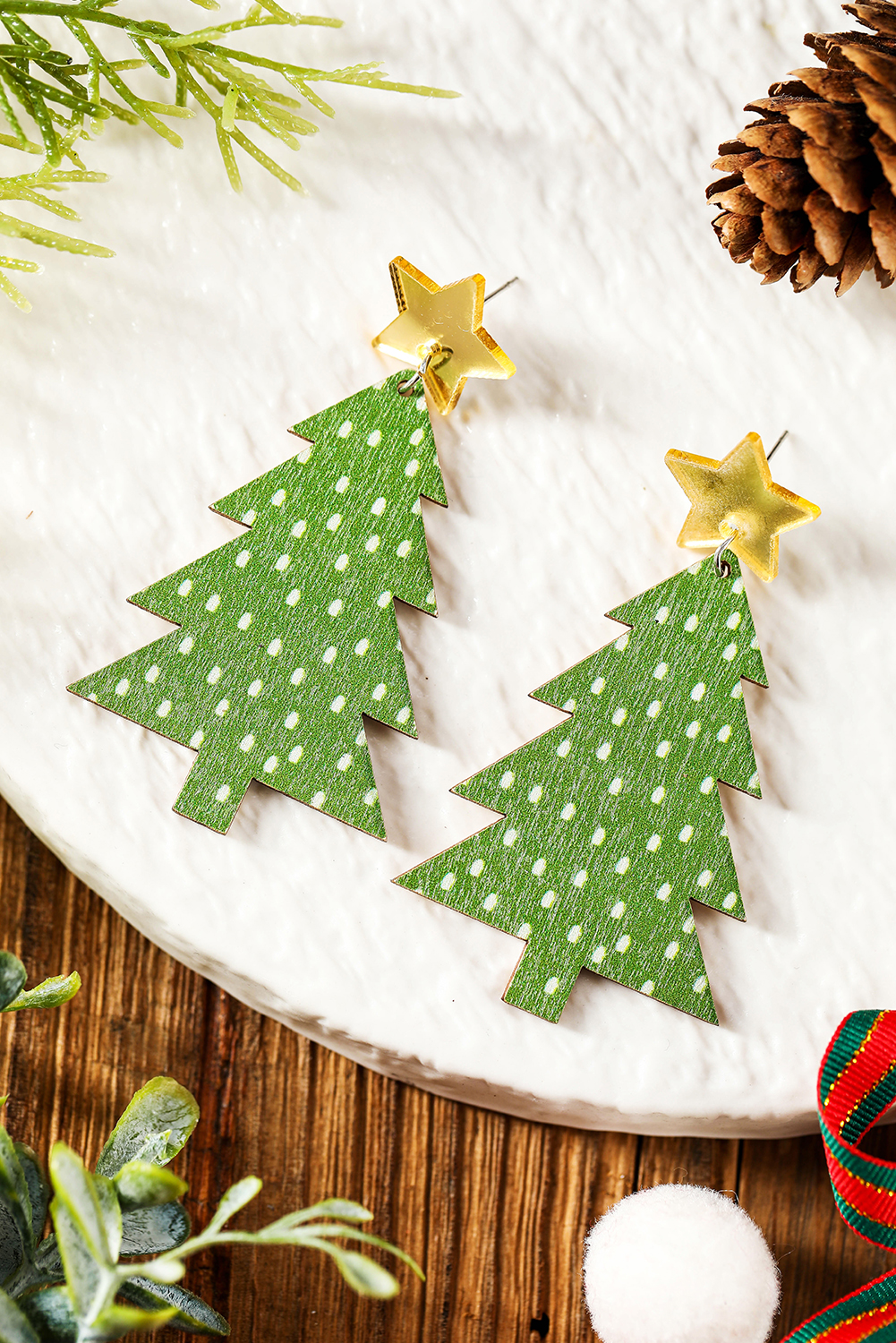 Green Polka Dot Print Christmas Dangle Earrings - loveforevers