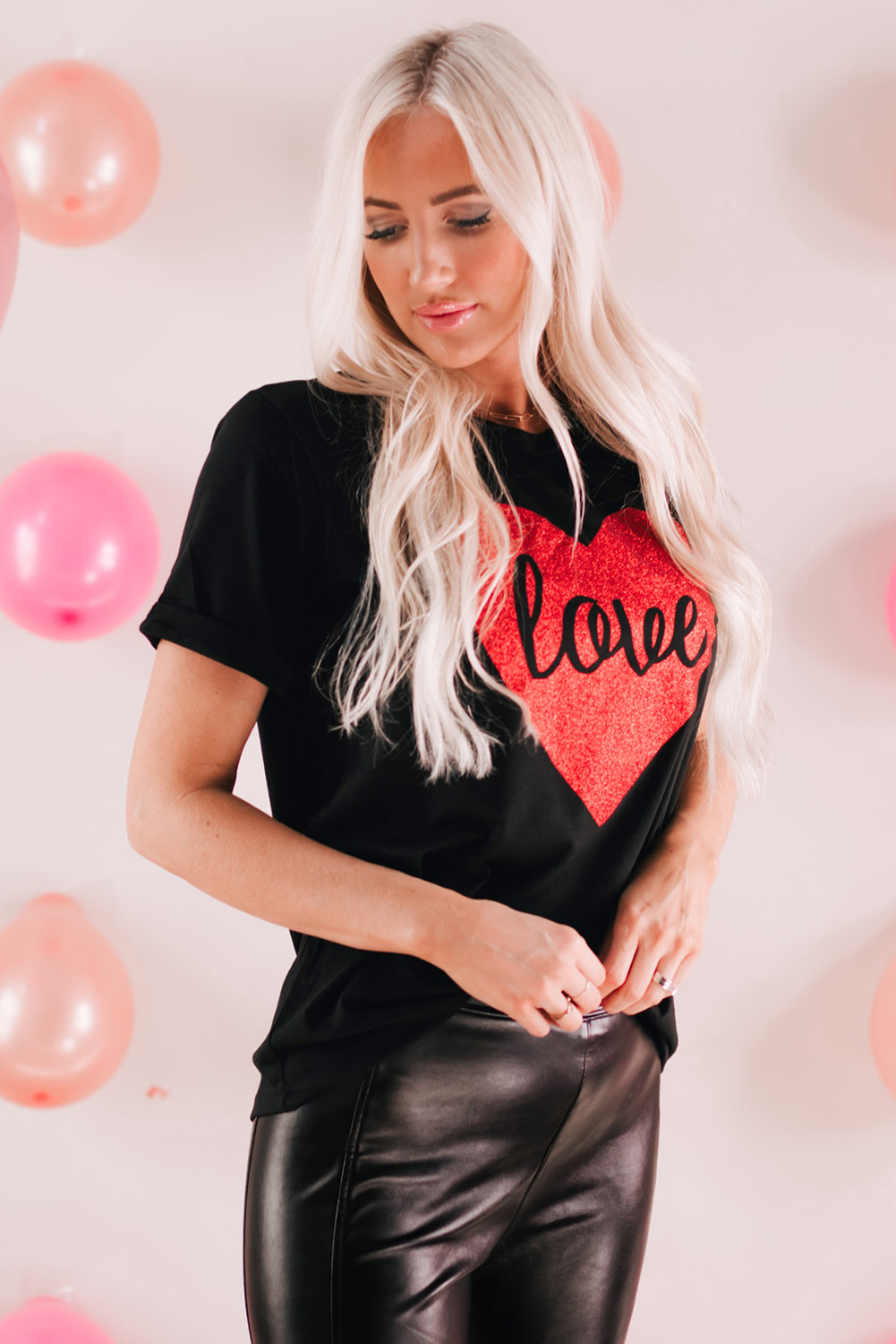 Black Love Heart Shaped Glitter Print T Shirt - loveforevers