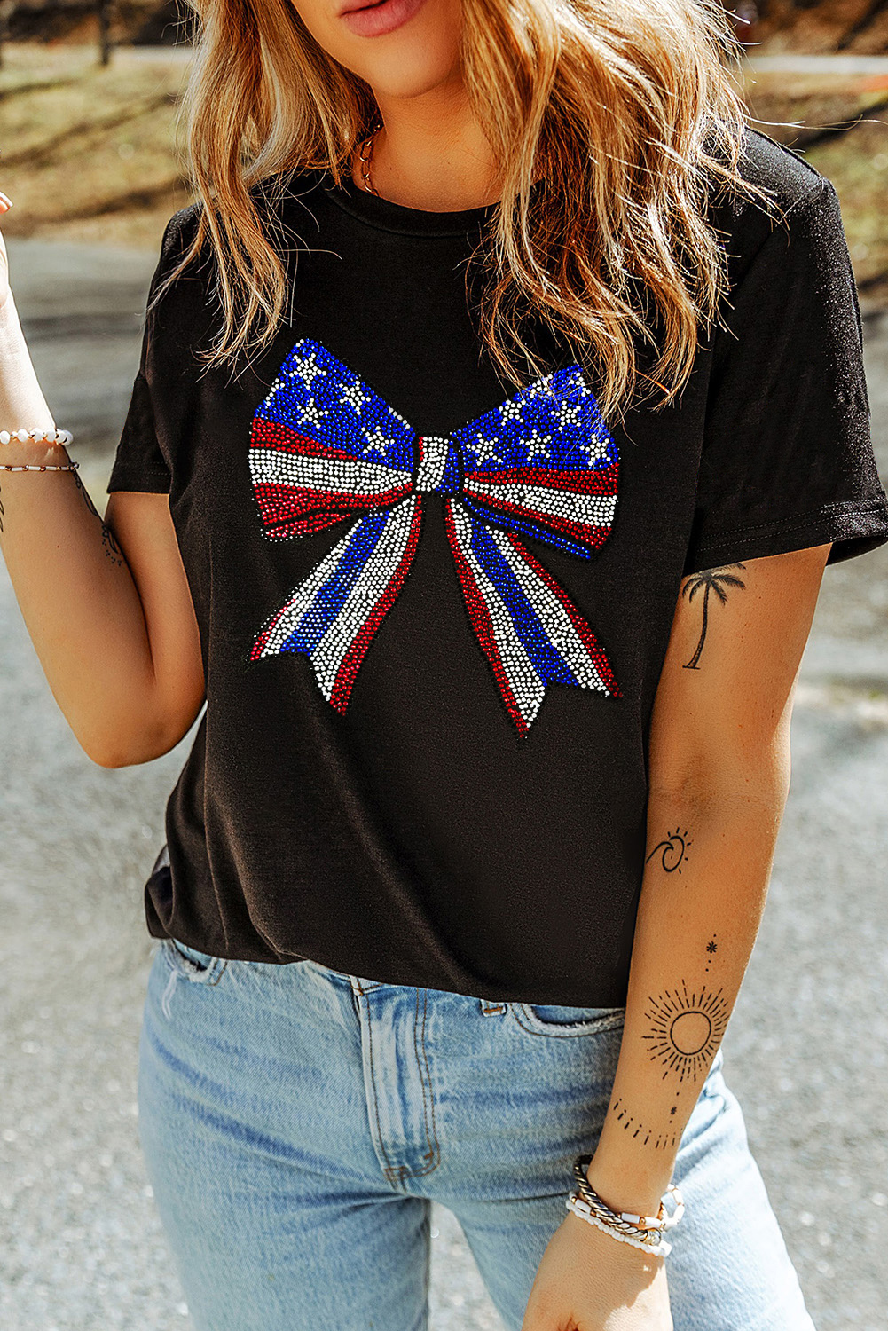 Black Rhinestone Stars and Stripes Bow Graphic Independence Day T Shirt - loveforevers