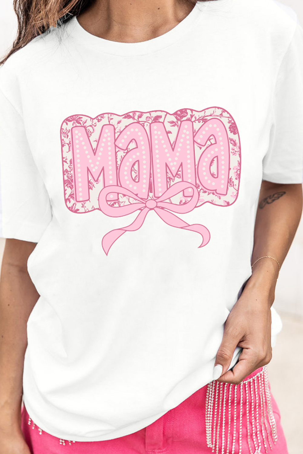 White MaMa Bowknot Graphic Crewneck Mothers Day T Shirt - loveforevers