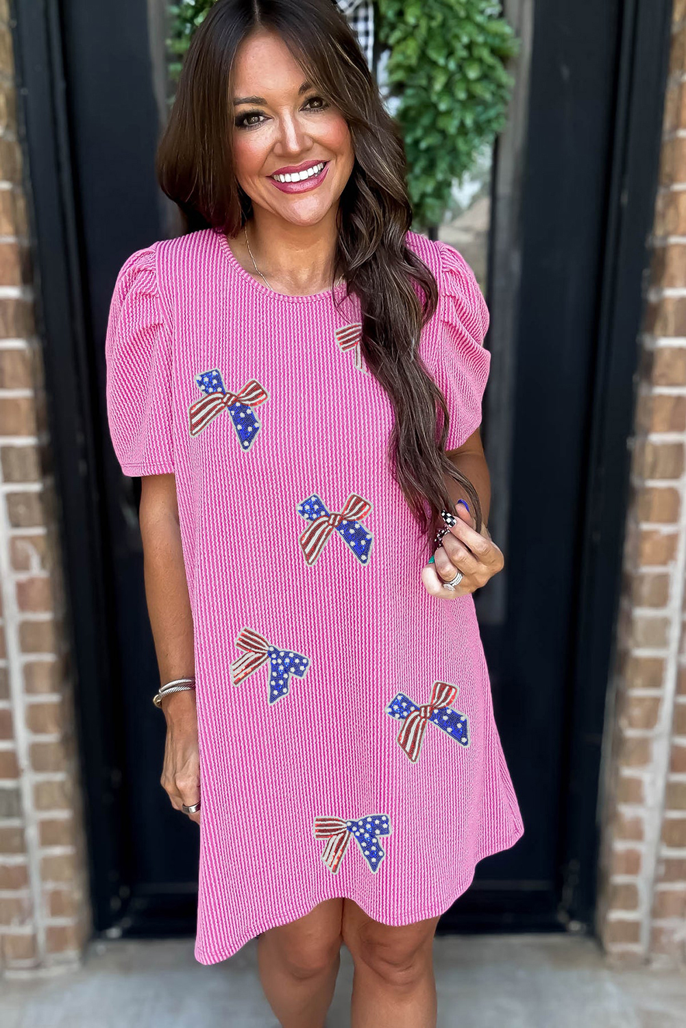 Bright Pink Flag Pattern Inspired Sequin Bow Spiral Ribbed Puff Sleeve T Shirt Dress - loveforevers