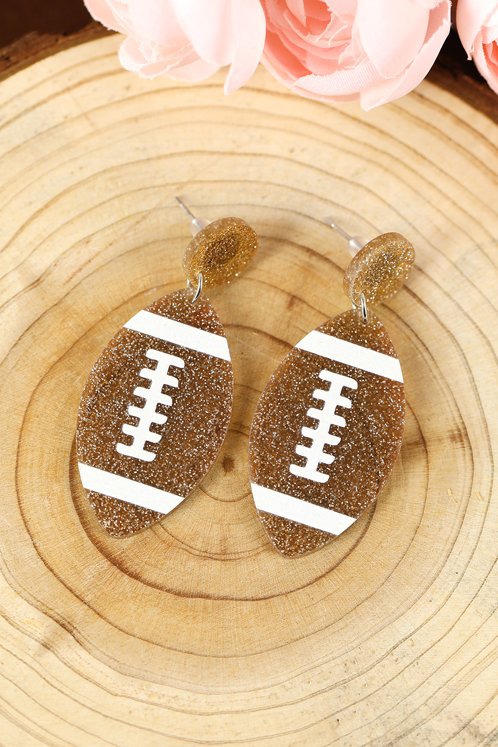 Brown Glittering Rugby Football Pendant Game Day Earrings - loveforevers