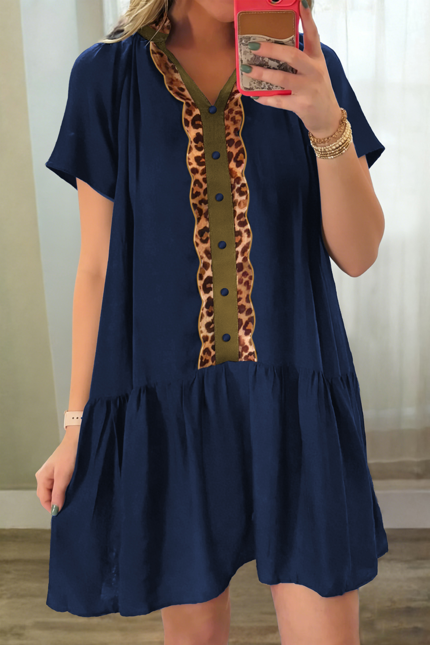 Navy Blue Button Detail Leopard Metallic Trim Short Sleeve Tunic Dress - loveforevers
