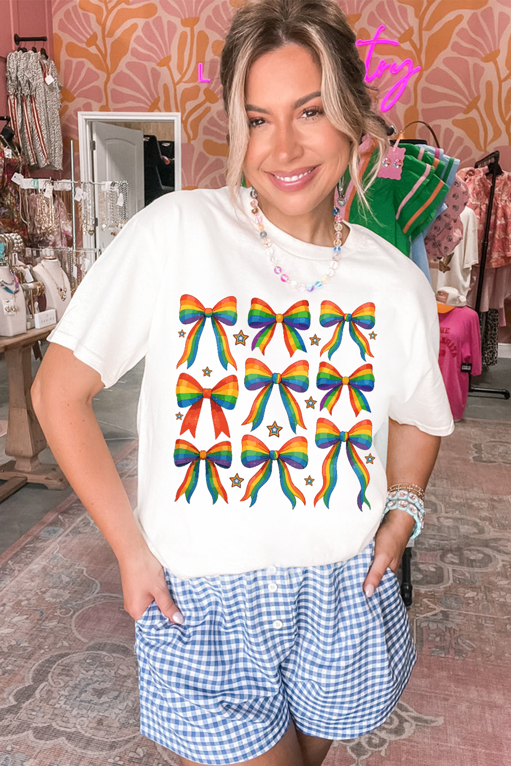 White Pride Bow Starry Print Cotton Blend T Shirt - loveforevers