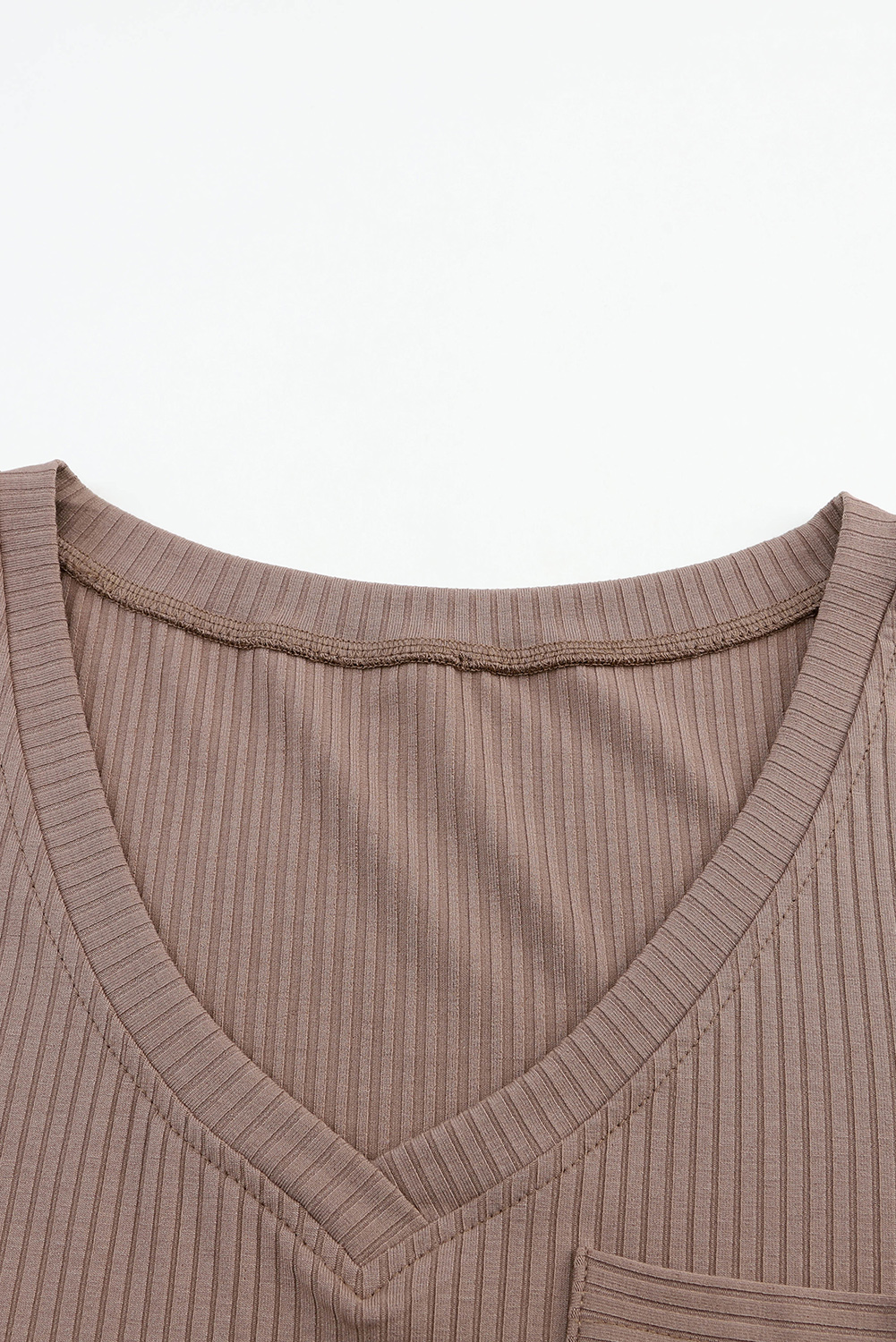 Khaki Ribbed Knit Patched Chest Pocket V Neck Top - loveforevers