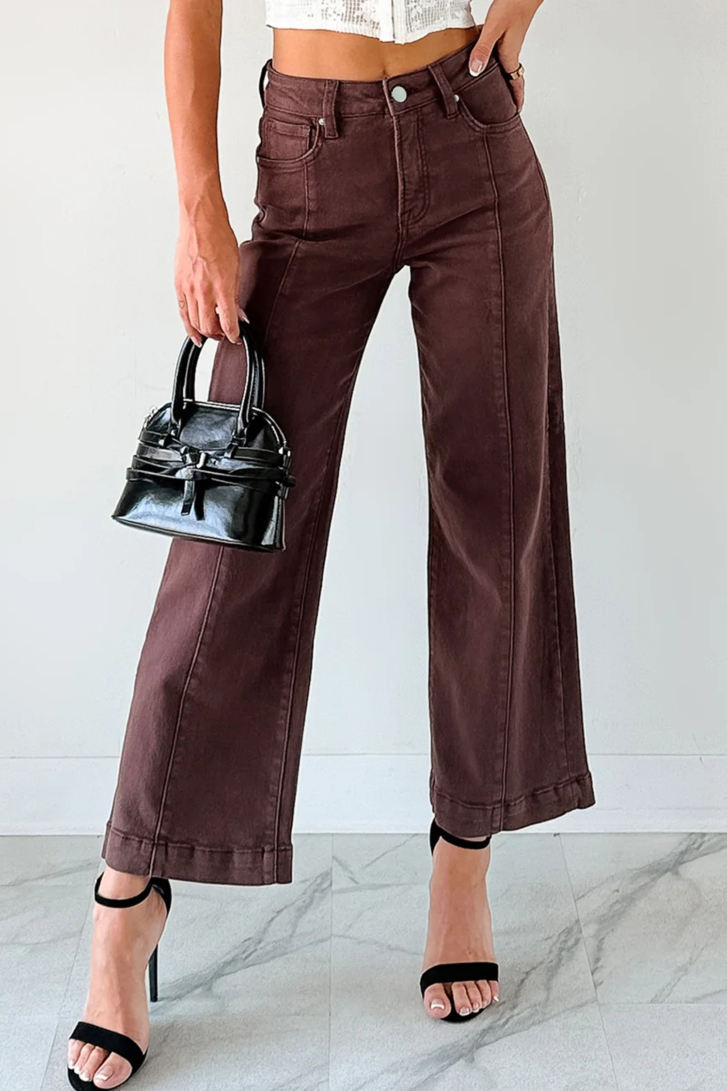 Apricot Solid Color Seamed Center Wide Leg Cropped Jeans - loveforevers