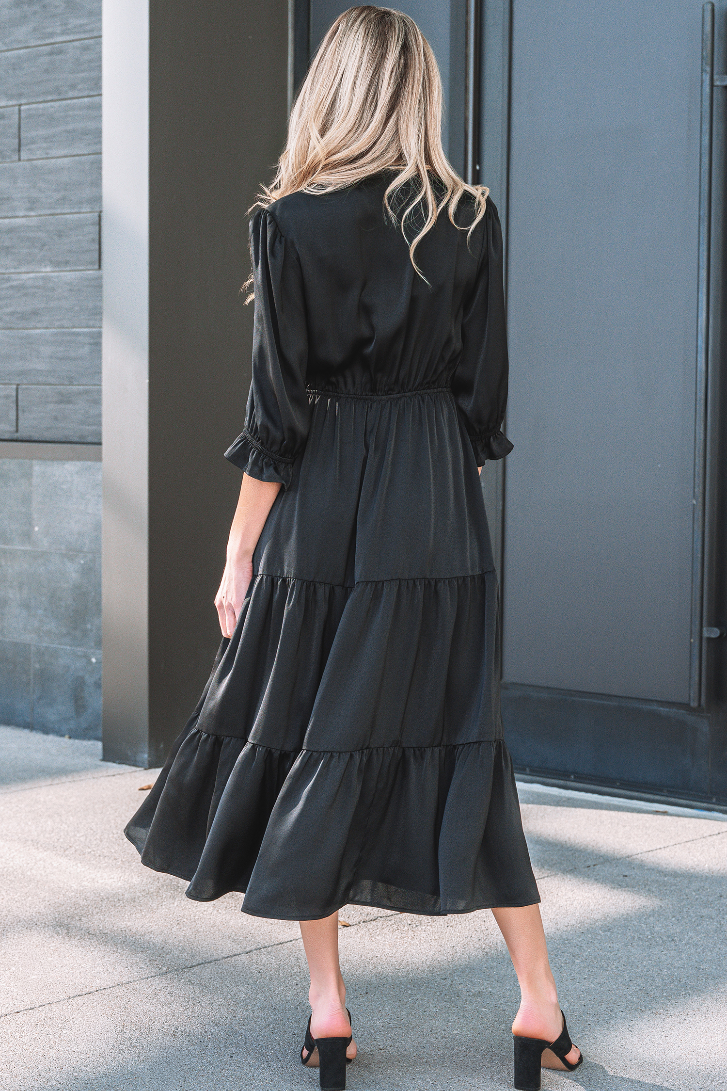 Black Flounced Bracelet Sleeve V Neck Tiered Maxi Dress - loveforevers